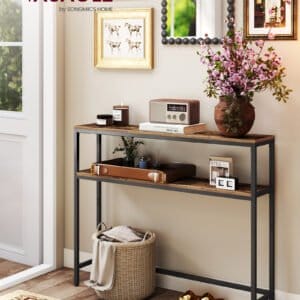 VASAGLE Console Table, Narrow Sofa Table with 2 Shelves, 20 x 100 x 80 cm, Hallway Table, 2 Levels, for Hallway, Living Room, Bedroom, Vintage Brown/Ink Black LNT131K01