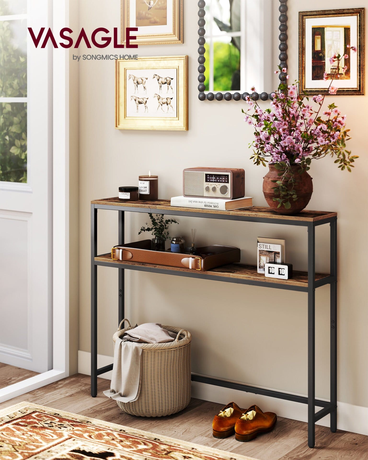 VASAGLE Console Table, Narrow Sofa Table with 2 Shelves, 20 x 100 x 80 cm, Hallway Table, 2 Levels, for Hallway, Living Room, Bedroom, Vintage Brown/Ink Black LNT131K01 1 VASAGLE Console Table, Narrow Sofa Table with 2 Shelves, 20 x 100 x 80 cm, Hallway Table, 2 Levels, for Hallway, Living Room, Bedroom, Vintage Brown/Ink Black LNT131K01
