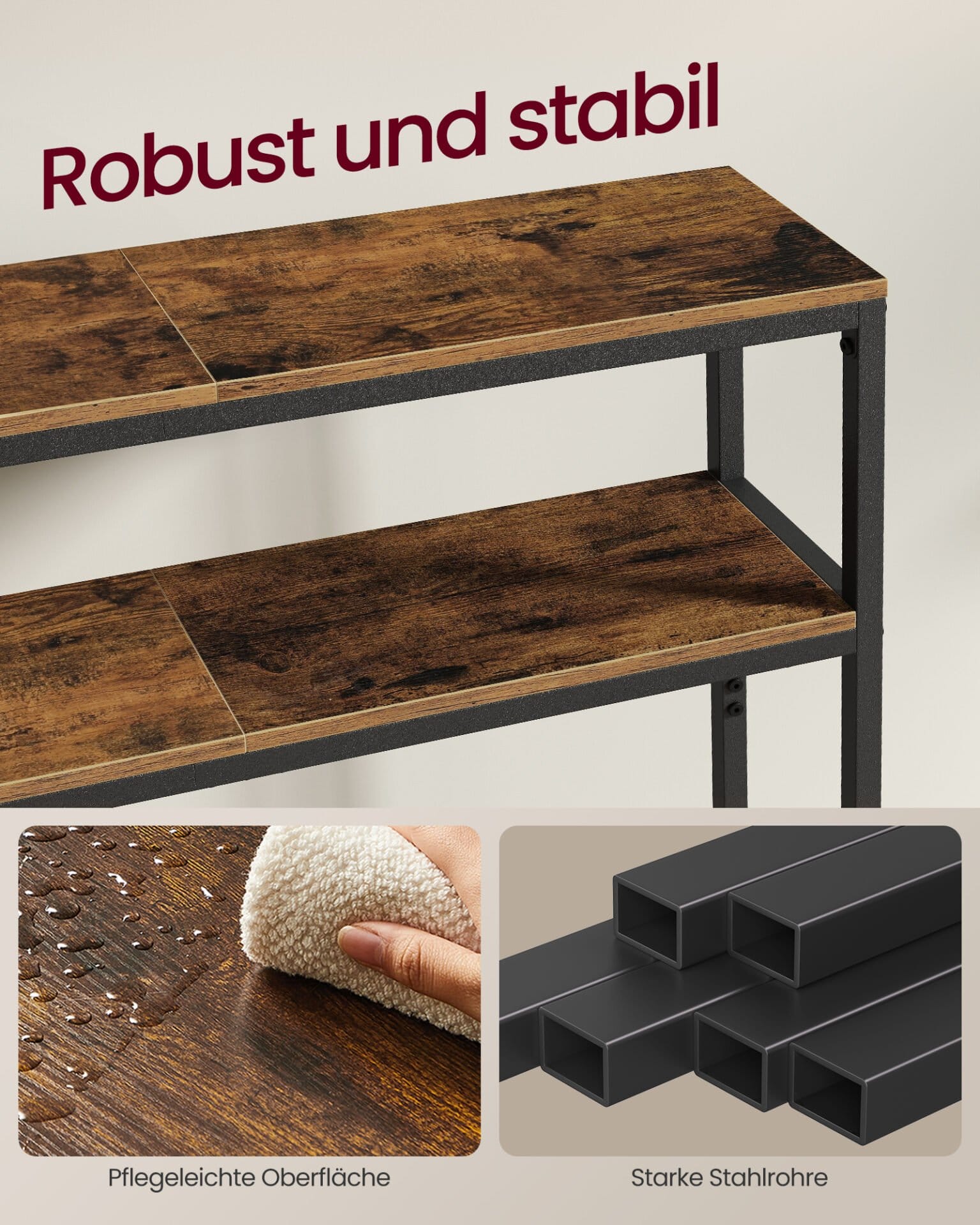 VASAGLE Console Table, Narrow Sofa Table with 2 Shelves, 20 x 100 x 80 cm, Hallway Table, 2 Levels, for Hallway, Living Room, Bedroom, Vintage Brown/Ink Black LNT131K01 2 VASAGLE Console Table, Narrow Sofa Table with 2 Shelves, 20 x 100 x 80 cm, Hallway Table, 2 Levels, for Hallway, Living Room, Bedroom, Vintage Brown/Ink Black LNT131K01 - Billede 2