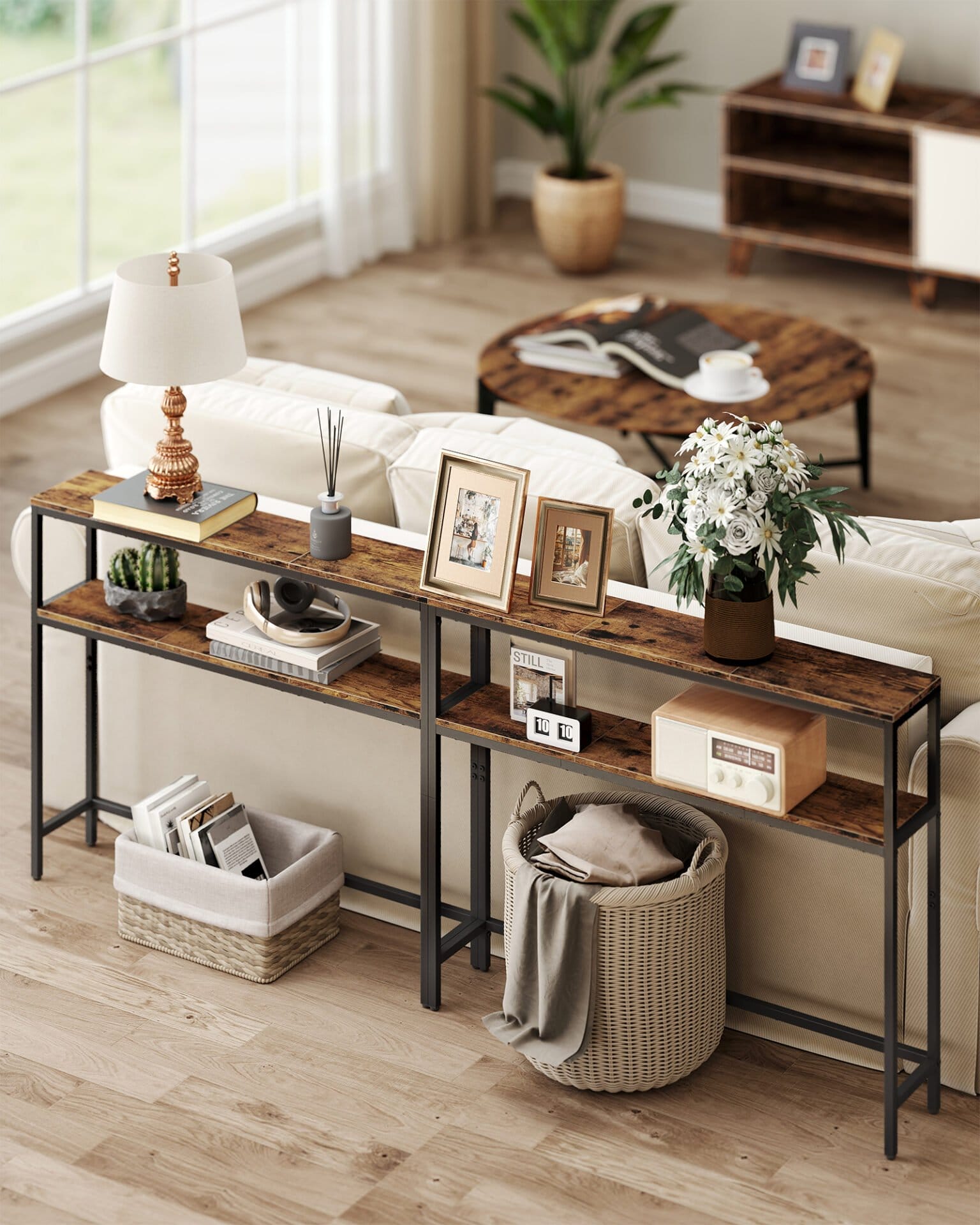 VASAGLE Console Table, Narrow Sofa Table with 2 Shelves, 20 x 100 x 80 cm, Hallway Table, 2 Levels, for Hallway, Living Room, Bedroom, Vintage Brown/Ink Black LNT131K01 5 VASAGLE Console Table, Narrow Sofa Table with 2 Shelves, 20 x 100 x 80 cm, Hallway Table, 2 Levels, for Hallway, Living Room, Bedroom, Vintage Brown/Ink Black LNT131K01 - Billede 5