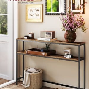 VASAGLE Console Table, 2-Tier Slim Sofa Table, 20 x 120 x 80 cm, Hallway Table with 2 Shelves, for Living Room, Entryway, Rustic Brown and Ink Black LNT133K01V1