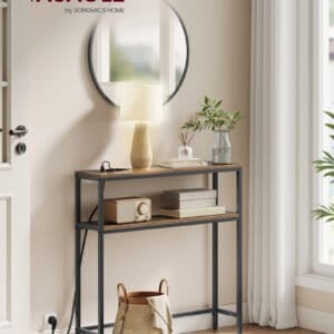 VASAGLE Console Table, Narrow Sofa Table with 2 Shelves, 20 x 80 x 80 cm, Hallway Table with Charging Station, for Living Room, Hallway, Entryway, Vintage Brown/Ink Black LNT135KD01