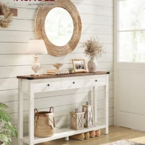 VASAGLE Console Table, Side Table, Narrow Sofa Table with 3 Drawers and One Shelf, for Hallway, Living Room, Country House Style, Honey Brown, Vintage White, LNT142WJ01