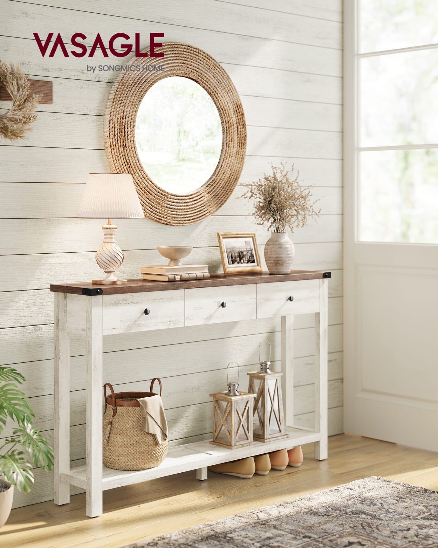 VASAGLE Console Table, Side Table, Narrow Sofa Table with 3 Drawers and One Shelf, for Hallway, Living Room, Country House Style, Honey Brown, Vintage White, LNT142WJ01 1 VASAGLE Console Table, Side Table, Narrow Sofa Table with 3 Drawers and One Shelf, for Hallway, Living Room, Country House Style, Honey Brown, Vintage White, LNT142WJ01