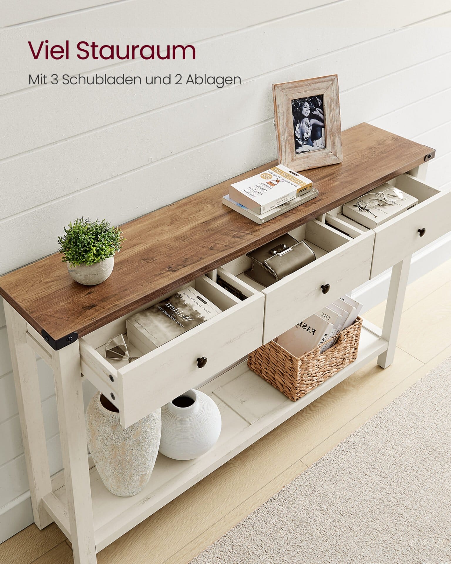 VASAGLE Console Table, Side Table, Narrow Sofa Table with 3 Drawers and One Shelf, for Hallway, Living Room, Country House Style, Honey Brown, Vintage White, LNT142WJ01 2 VASAGLE Console Table, Side Table, Narrow Sofa Table with 3 Drawers and One Shelf, for Hallway, Living Room, Country House Style, Honey Brown, Vintage White, LNT142WJ01 - Billede 2