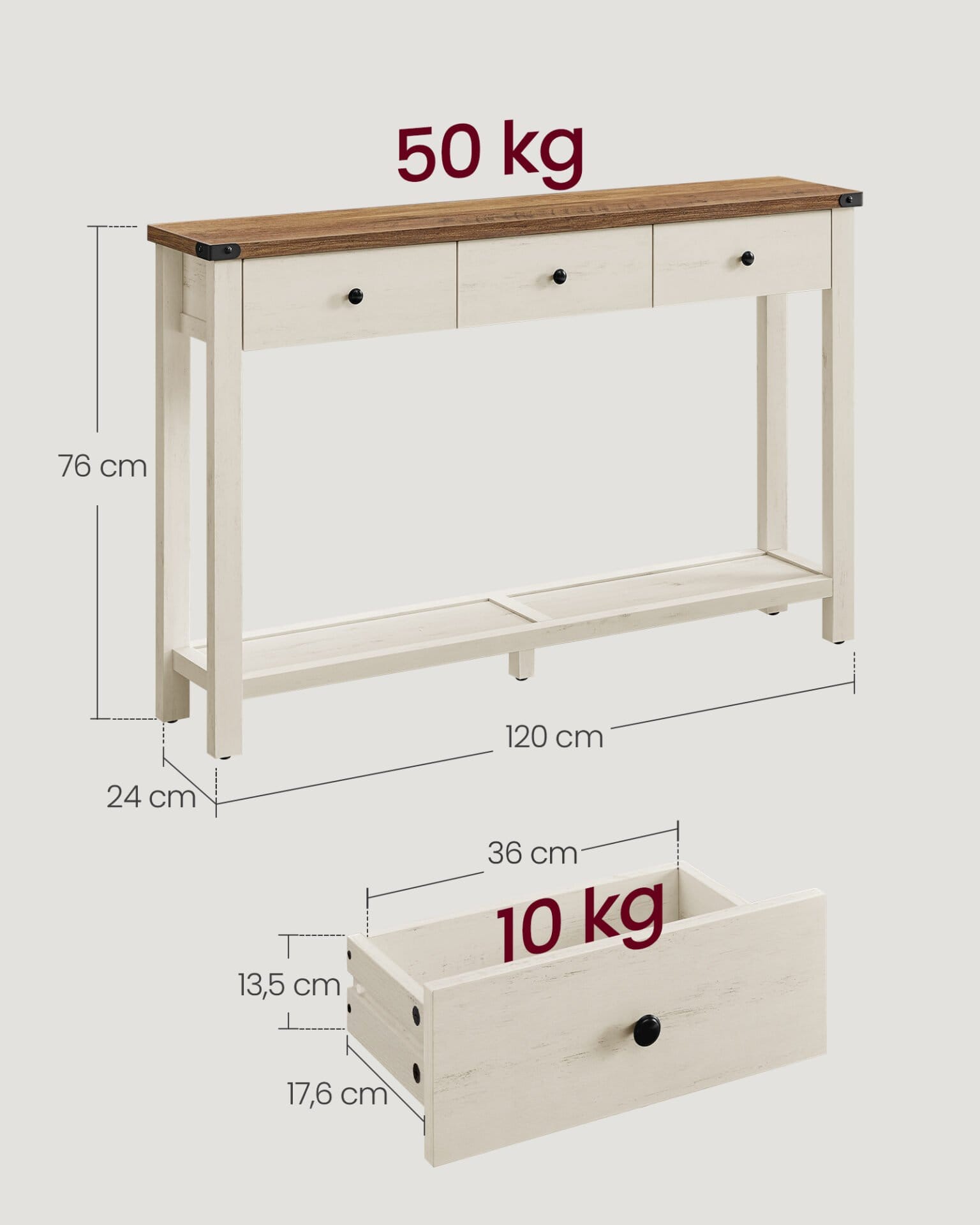 VASAGLE Console Table, Side Table, Narrow Sofa Table with 3 Drawers and One Shelf, for Hallway, Living Room, Country House Style, Honey Brown, Vintage White, LNT142WJ01 5 VASAGLE Console Table, Side Table, Narrow Sofa Table with 3 Drawers and One Shelf, for Hallway, Living Room, Country House Style, Honey Brown, Vintage White, LNT142WJ01 - Billede 5