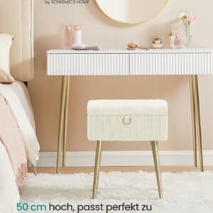 SONGMICS Dressing Table Chair Stool with Storage Vanity Stool Footstool Metal Legs Padded Adjustable Feet Living Room Bedroom Dressing Room Cream White LOM505WZ02