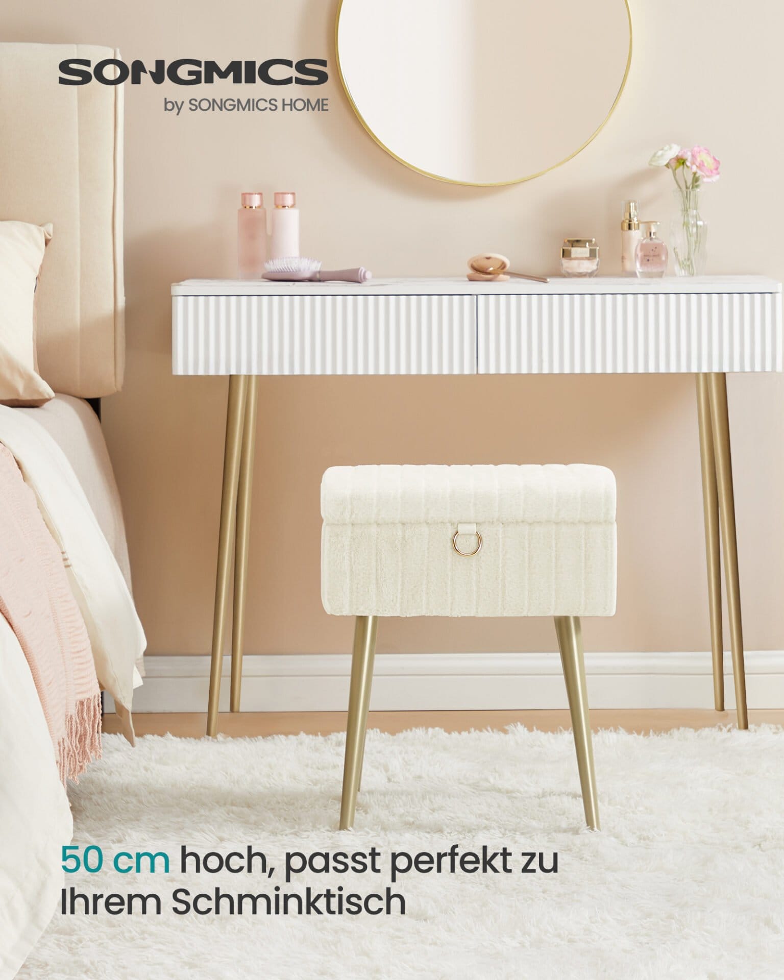 SONGMICS Dressing Table Chair Stool with Storage Vanity Stool Footstool Metal Legs Padded Adjustable Feet Living Room Bedroom Dressing Room Cream White LOM505WZ02 1 SONGMICS Dressing Table Chair Stool with Storage Vanity Stool Footstool Metal Legs Padded Adjustable Feet Living Room Bedroom Dressing Room Cream White LOM505WZ02