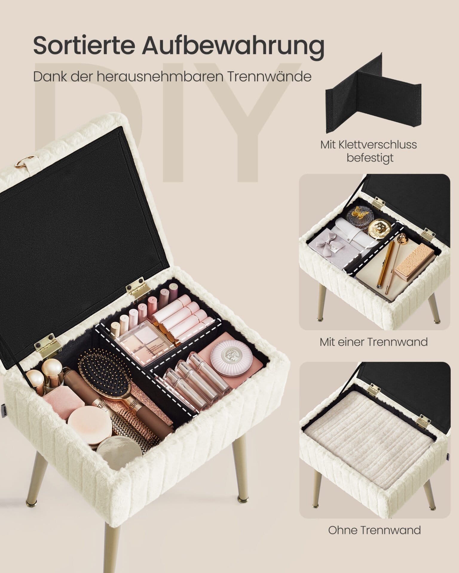 SONGMICS Dressing Table Chair Stool with Storage Vanity Stool Footstool Metal Legs Padded Adjustable Feet Living Room Bedroom Dressing Room Cream White LOM505WZ02 3 SONGMICS Dressing Table Chair Stool with Storage Vanity Stool Footstool Metal Legs Padded Adjustable Feet Living Room Bedroom Dressing Room Cream White LOM505WZ02 - Billede 3