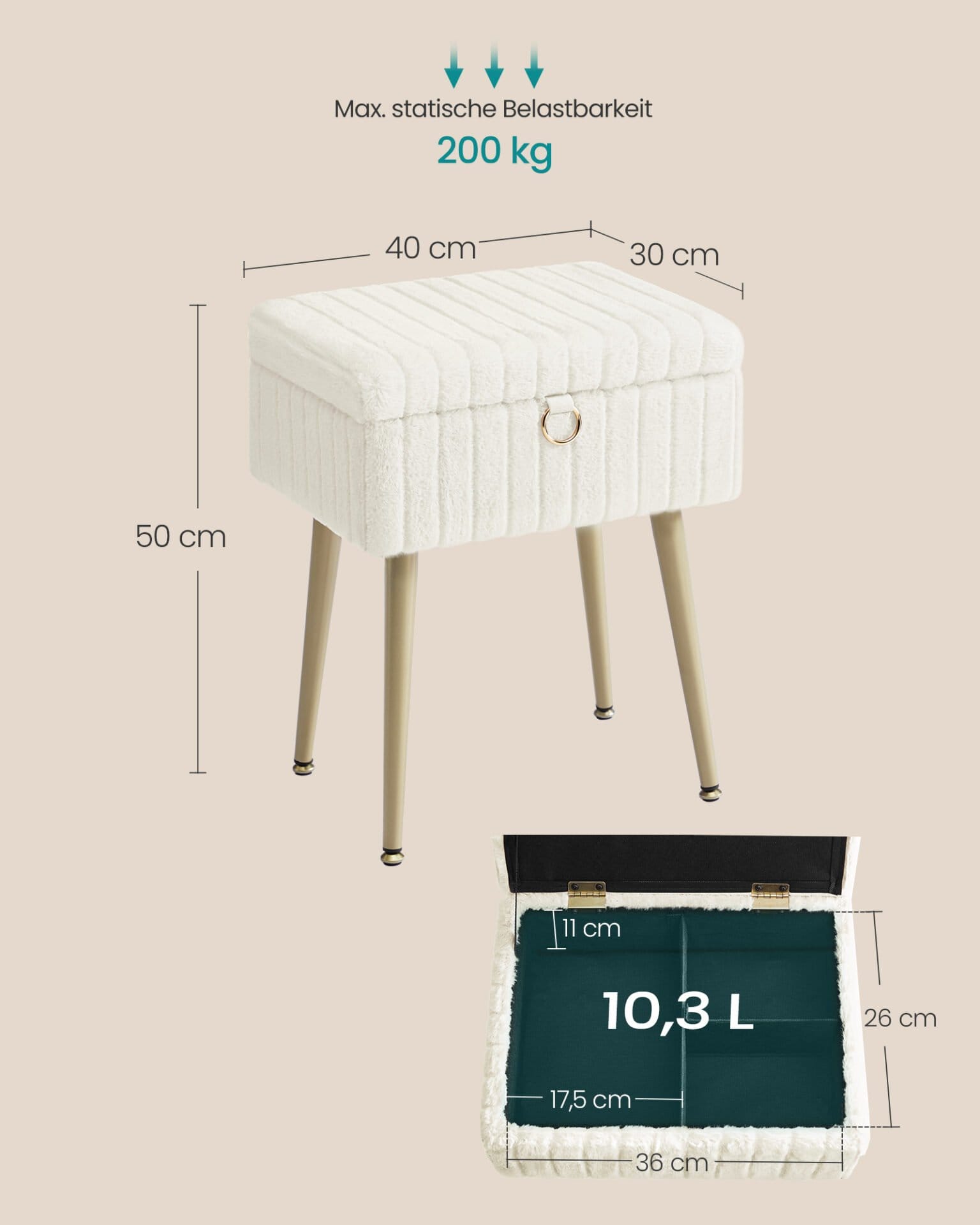 SONGMICS Dressing Table Chair Stool with Storage Vanity Stool Footstool Metal Legs Padded Adjustable Feet Living Room Bedroom Dressing Room Cream White LOM505WZ02 4 SONGMICS Dressing Table Chair Stool with Storage Vanity Stool Footstool Metal Legs Padded Adjustable Feet Living Room Bedroom Dressing Room Cream White LOM505WZ02 - Billede 4