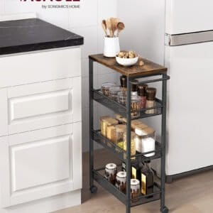 VASAGLE 4-Tier Trolley, Space-Saving Kitchen Cart with Castors, 22 cm Deep, Steel Frame, Handle, Trolley for Small Spaces, Kitchen Bathroom Living Room Studio, Rustic Brown and Black LRC033B01