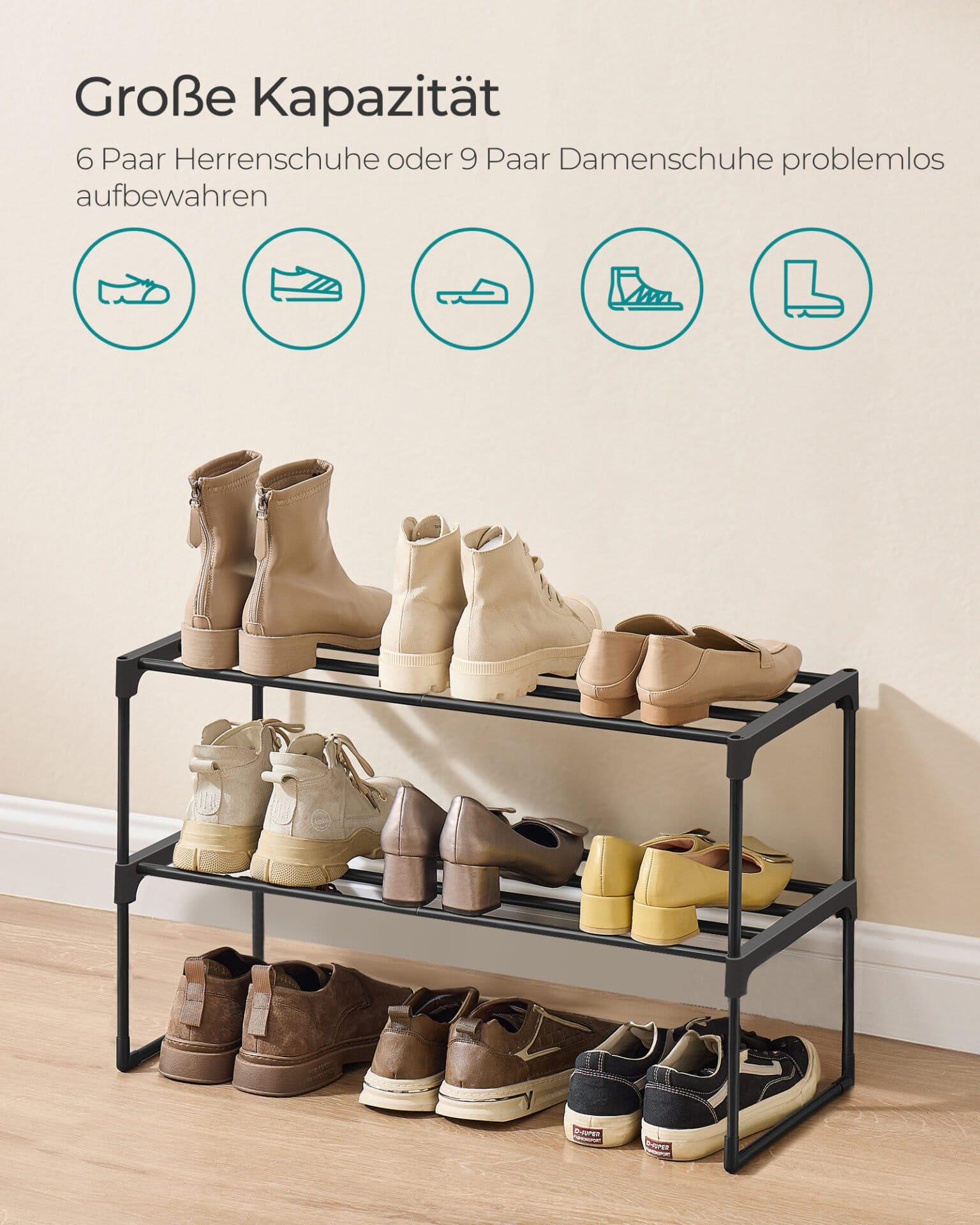 SONGMICS Shoe Rack 2 Tier Shoe Rack Metal Shoe Storage Shoe Organizer Upright or Inverted for 6-9 Pairs of Shoes Stackable Hallway 30 x 68 x 33.8 cm Black LSA202B01 3 SONGMICS Shoe Rack 2 Tier Shoe Rack Metal Shoe Storage Shoe Organizer Upright or Inverted for 6-9 Pairs of Shoes Stackable Hallway 30 x 68 x 33.8 cm Black LSA202B01 - Billede 3