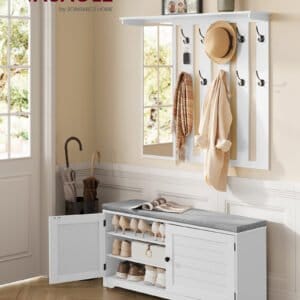 VASAGLE Shoe Bench, Wall Cabinet, Coat Rack with Mirror, 10 Double Hooks, Shoe Rack with Adjustable Shelves, Double Doors, Width 101 cm, Cloud White LSC011W01