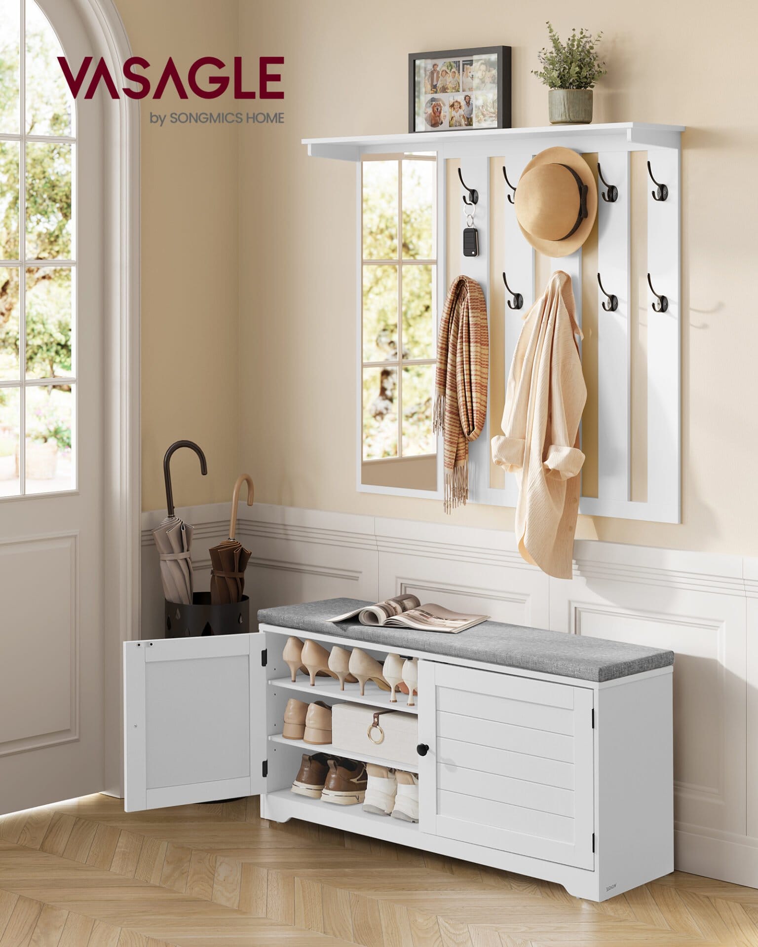 VASAGLE Shoe Bench, Wall Cabinet, Coat Rack with Mirror, 10 Double Hooks, Shoe Rack with Adjustable Shelves, Double Doors, Width 101 cm, Cloud White LSC011W01 1 VASAGLE Shoe Bench, Wall Cabinet, Coat Rack with Mirror, 10 Double Hooks, Shoe Rack with Adjustable Shelves, Double Doors, Width 101 cm, Cloud White LSC011W01
