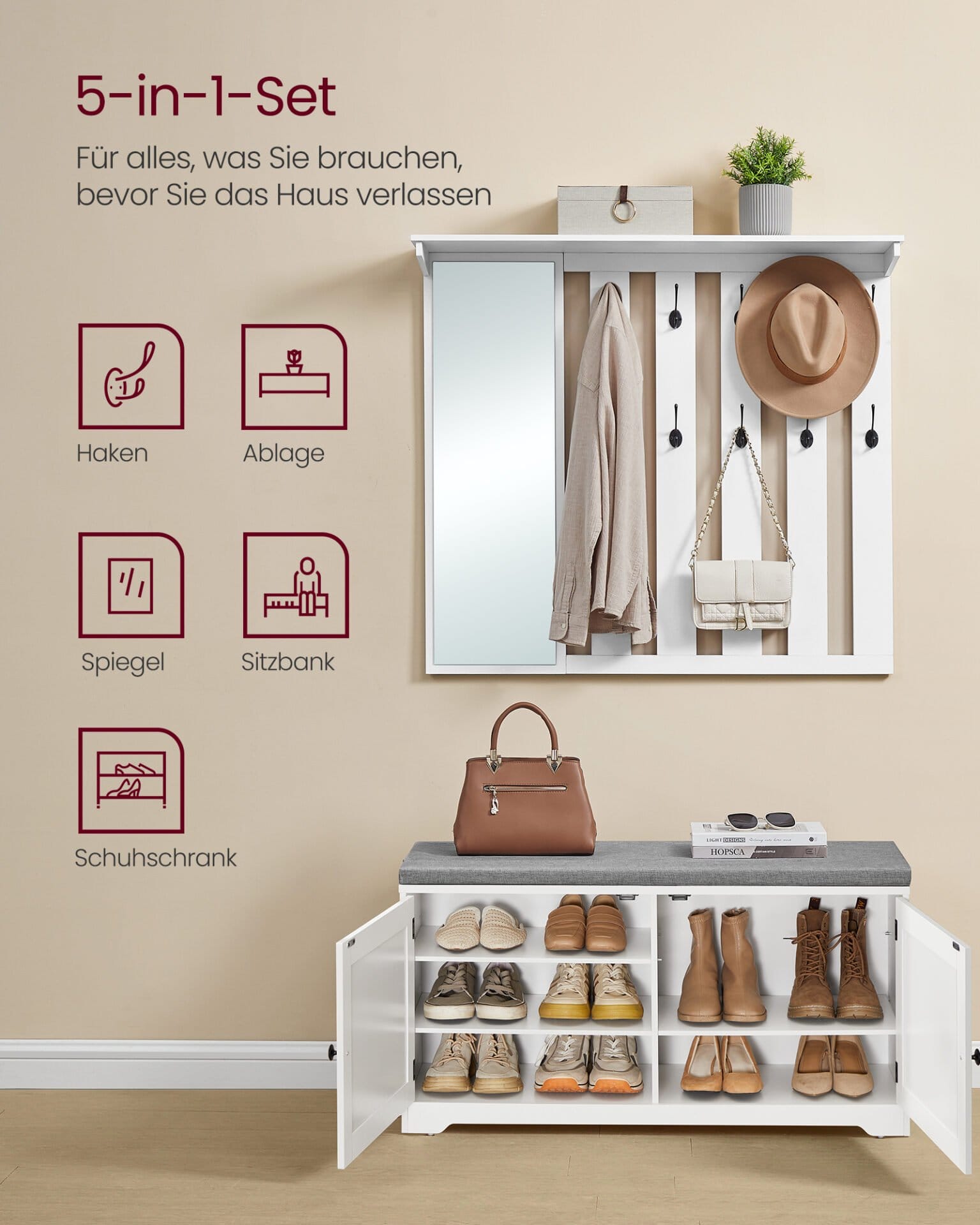 VASAGLE Shoe Bench, Wall Cabinet, Coat Rack with Mirror, 10 Double Hooks, Shoe Rack with Adjustable Shelves, Double Doors, Width 101 cm, Cloud White LSC011W01 2 VASAGLE Shoe Bench, Wall Cabinet, Coat Rack with Mirror, 10 Double Hooks, Shoe Rack with Adjustable Shelves, Double Doors, Width 101 cm, Cloud White LSC011W01 - Billede 2