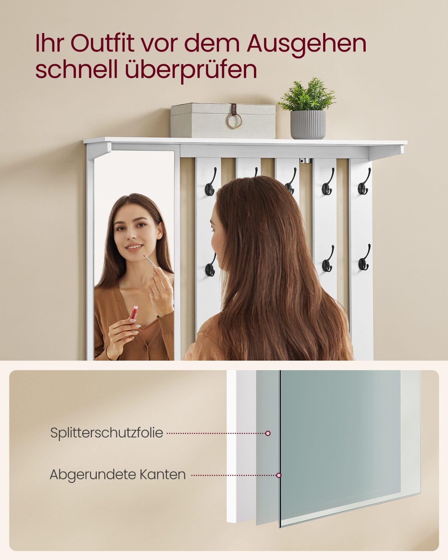 VASAGLE Shoe Bench, Wall Cabinet, Coat Rack with Mirror, 10 Double Hooks, Shoe Rack with Adjustable Shelves, Double Doors, Width 101 cm, Cloud White LSC011W01 3 VASAGLE Shoe Bench, Wall Cabinet, Coat Rack with Mirror, 10 Double Hooks, Shoe Rack with Adjustable Shelves, Double Doors, Width 101 cm, Cloud White LSC011W01 - Billede 3