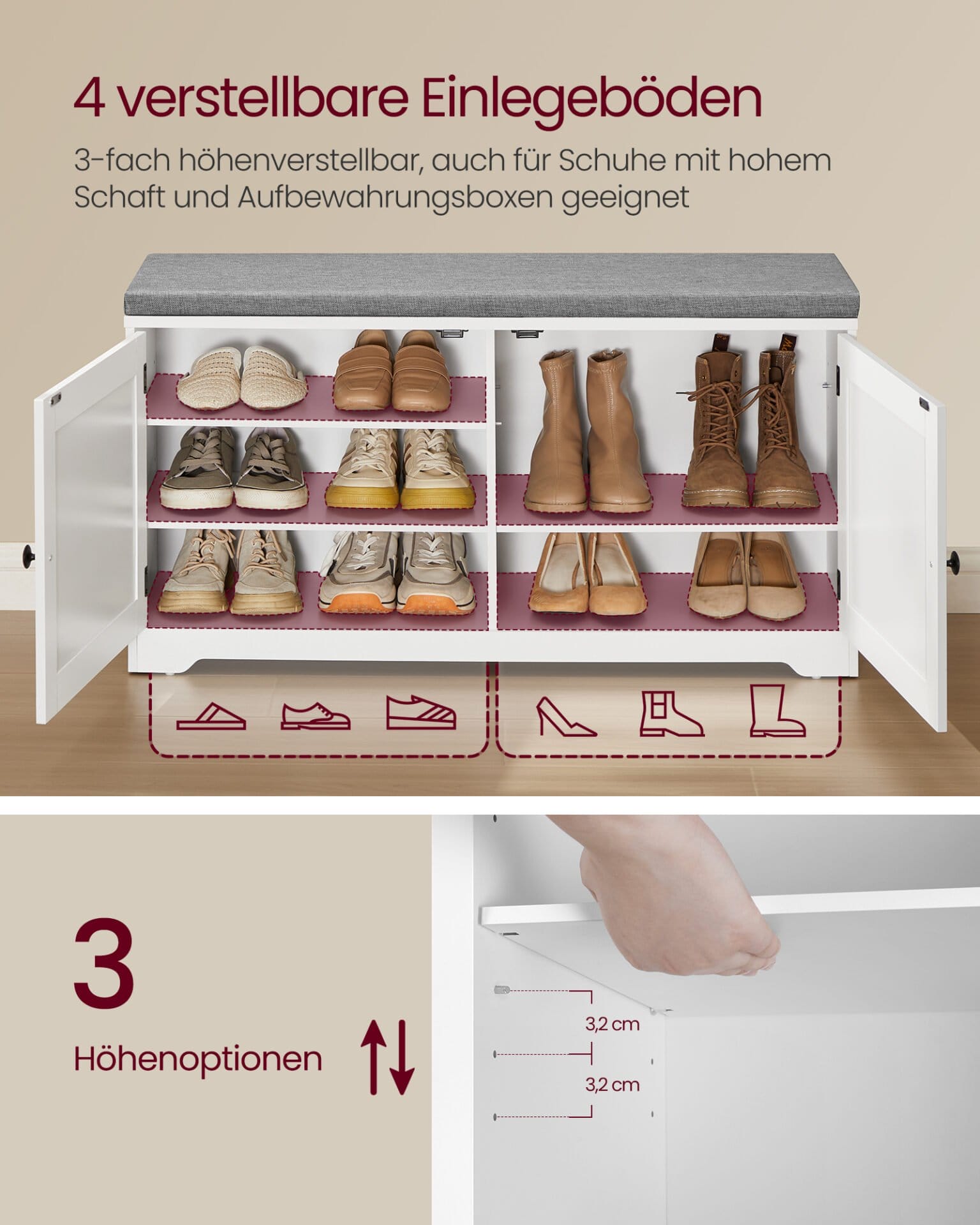 VASAGLE Shoe Bench, Wall Cabinet, Coat Rack with Mirror, 10 Double Hooks, Shoe Rack with Adjustable Shelves, Double Doors, Width 101 cm, Cloud White LSC011W01 4 VASAGLE Shoe Bench, Wall Cabinet, Coat Rack with Mirror, 10 Double Hooks, Shoe Rack with Adjustable Shelves, Double Doors, Width 101 cm, Cloud White LSC011W01 - Billede 4