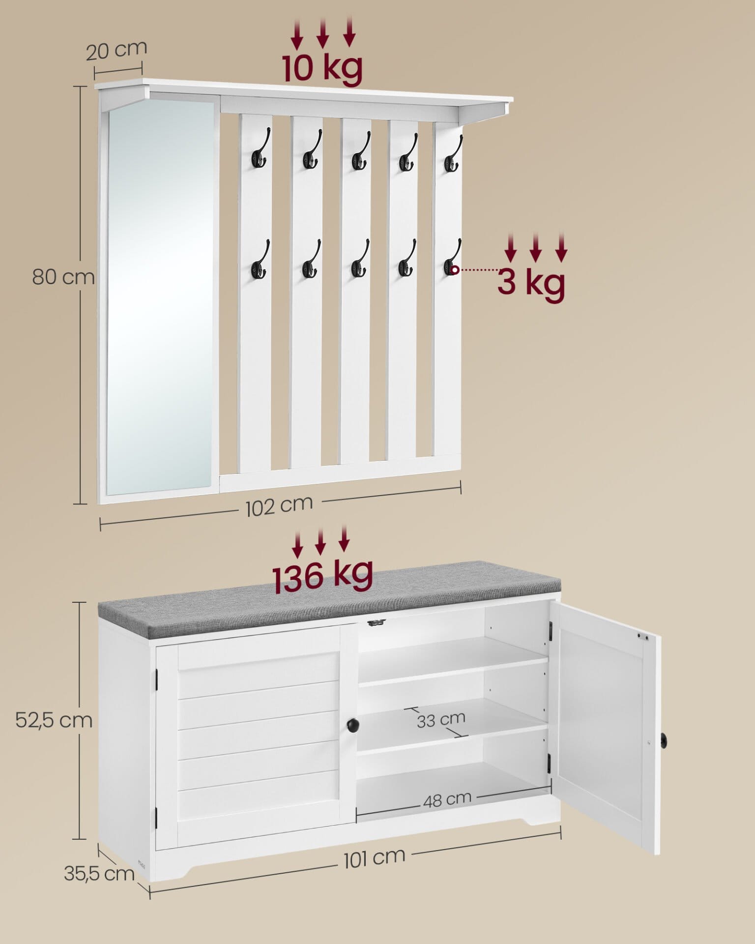 VASAGLE Shoe Bench, Wall Cabinet, Coat Rack with Mirror, 10 Double Hooks, Shoe Rack with Adjustable Shelves, Double Doors, Width 101 cm, Cloud White LSC011W01 5 VASAGLE Shoe Bench, Wall Cabinet, Coat Rack with Mirror, 10 Double Hooks, Shoe Rack with Adjustable Shelves, Double Doors, Width 101 cm, Cloud White LSC011W01 - Billede 5