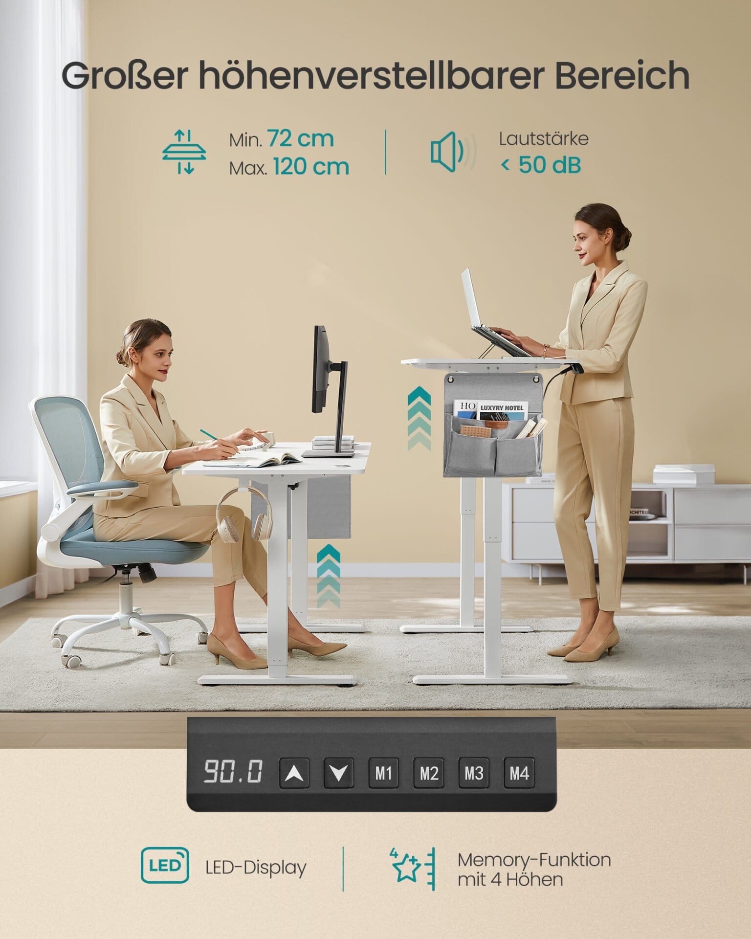 SONGMICS LSD138W01 Height-Adjustable Electric Desk 180 x 80 cm Fully Adjustable Memory Function with 4 Heights Cloud White 2 SONGMICS LSD138W01 Height-Adjustable Electric Desk 180 x 80 cm Fully Adjustable Memory Function with 4 Heights Cloud White - Billede 2