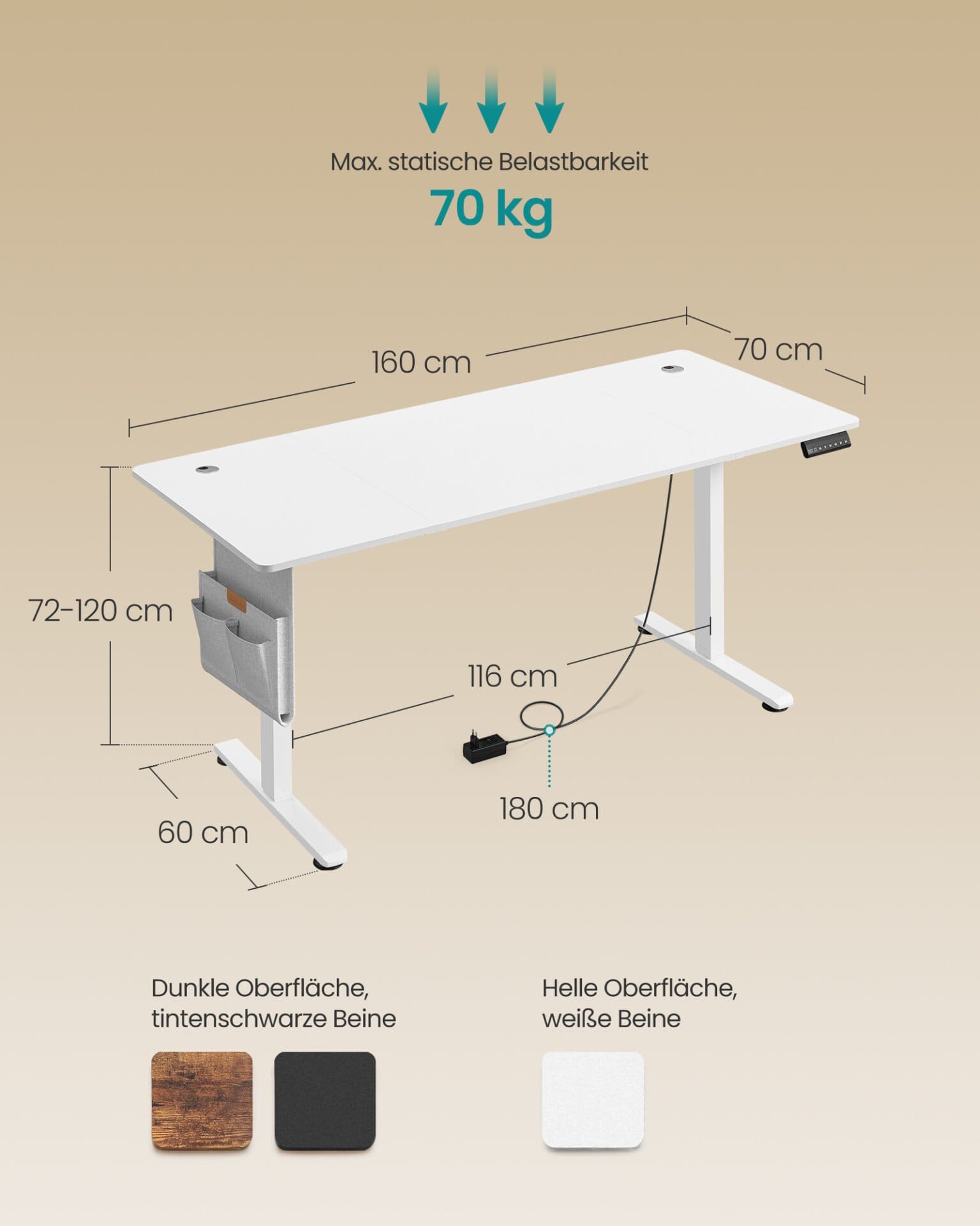 SONGMICS LSD138W01 Height-Adjustable Electric Desk 180 x 80 cm Fully Adjustable Memory Function with 4 Heights Cloud White 4 SONGMICS LSD138W01 Height-Adjustable Electric Desk 180 x 80 cm Fully Adjustable Memory Function with 4 Heights Cloud White - Billede 4
