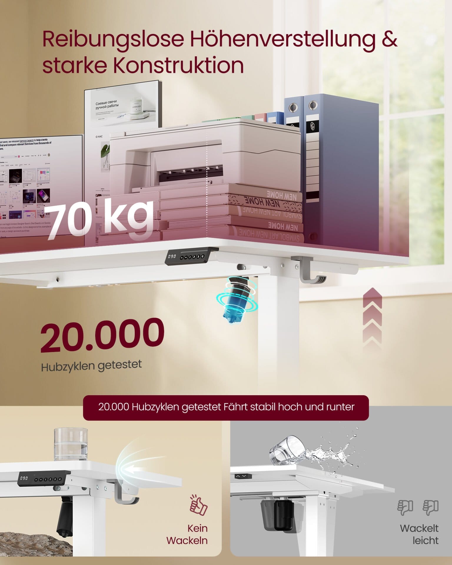 Elektrisk skrivebord, computerbord, hukommelsesfunktion, til kontor, 140 x 60 cm, Cloud White 2 Elektrisk skrivebord, computerbord, hukommelsesfunktion, til kontor, 140 x 60 cm, Cloud White - Billede 2