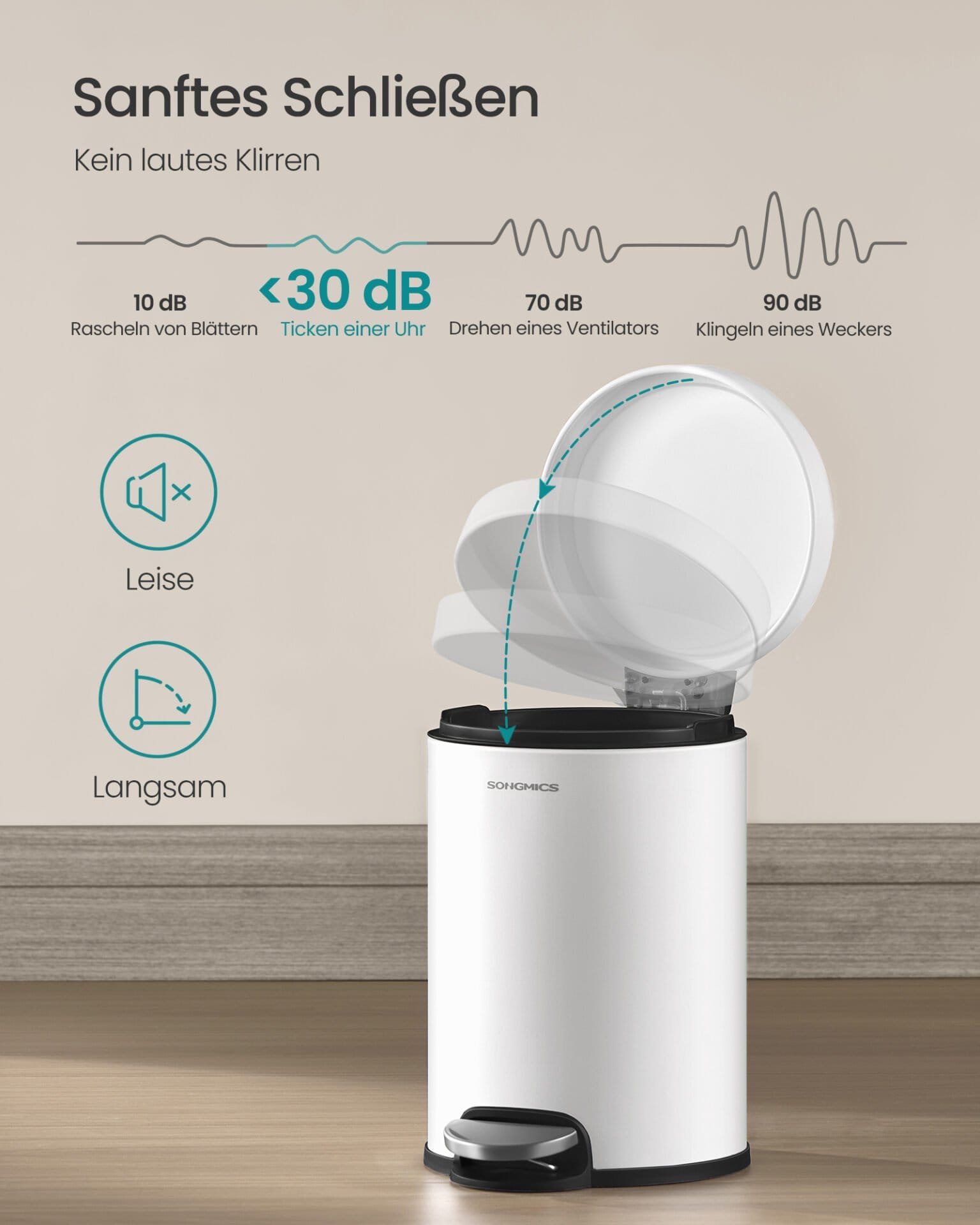SONGMICS Bathroom Pedal Bin, 0.8 Gallon (3 L) Steel Toilet Bin with Soft-Close Lid, Inner Bucket, for Waste, Bedroom, Cloud White LTB013WZ01 3 SONGMICS Bathroom Pedal Bin, 0.8 Gallon (3 L) Steel Toilet Bin with Soft-Close Lid, Inner Bucket, for Waste, Bedroom, Cloud White LTB013WZ01 - Billede 3