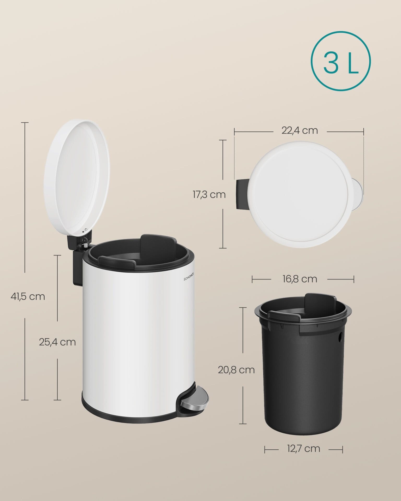 SONGMICS Bathroom Pedal Bin, 0.8 Gallon (3 L) Steel Toilet Bin with Soft-Close Lid, Inner Bucket, for Waste, Bedroom, Cloud White LTB013WZ01 6 SONGMICS Bathroom Pedal Bin, 0.8 Gallon (3 L) Steel Toilet Bin with Soft-Close Lid, Inner Bucket, for Waste, Bedroom, Cloud White LTB013WZ01 - Billede 6