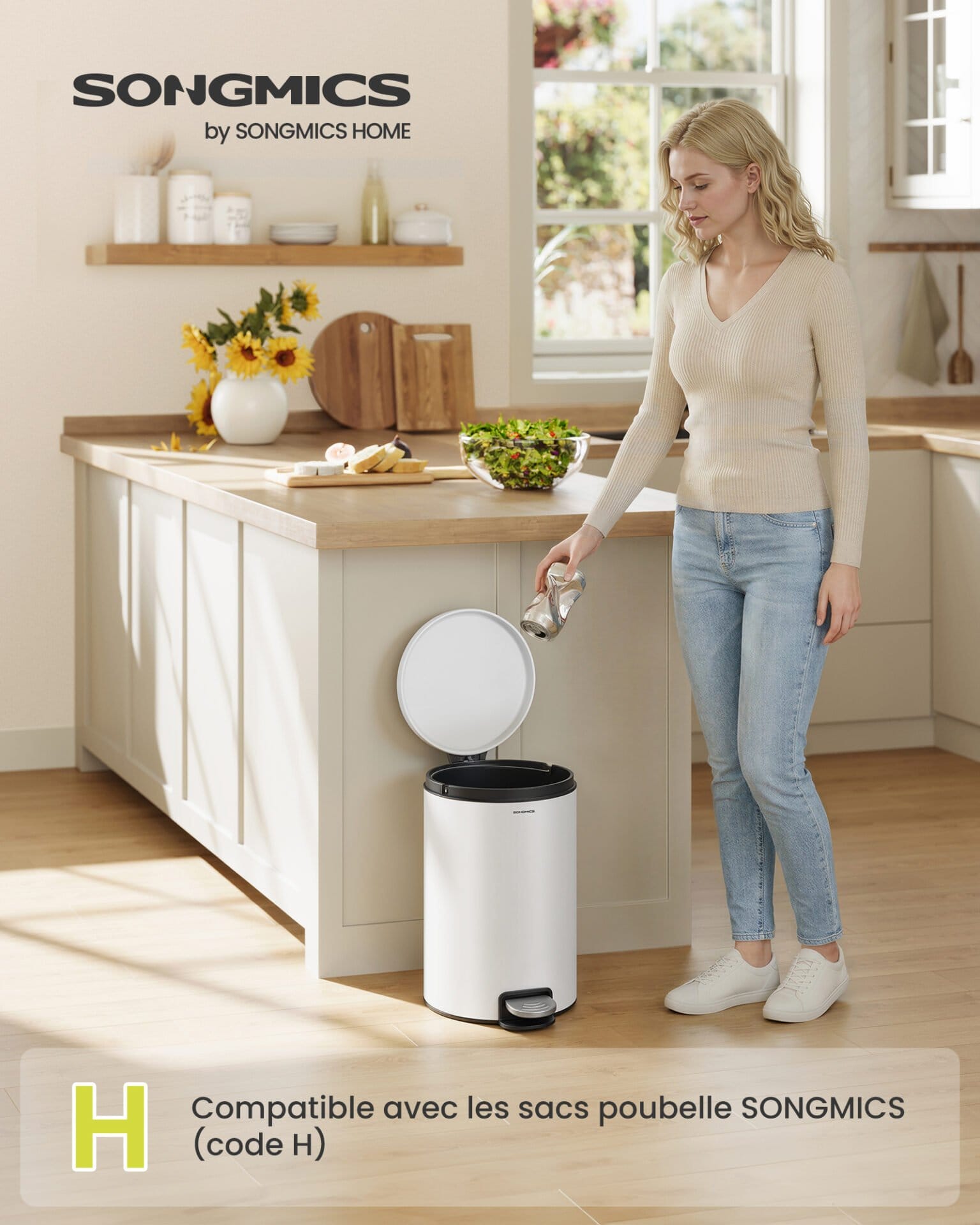 SONGMICS LTB021WZ01 Round Trash Can with 15 Bags, Metal Pedal, Removable Plastic Inner Bucket, Handle, Cushioned Closure, Steel, 20 L, Cloud White 1 SONGMICS LTB021WZ01 Round Trash Can with 15 Bags, Metal Pedal, Removable Plastic Inner Bucket, Handle, Cushioned Closure, Steel, 20 L, Cloud White