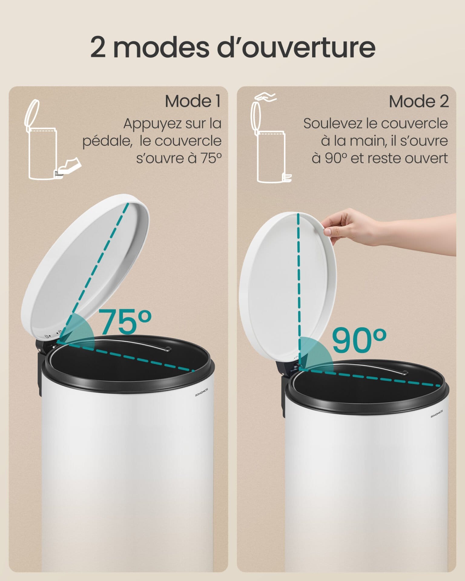 SONGMICS LTB021WZ01 Round Trash Can with 15 Bags, Metal Pedal, Removable Plastic Inner Bucket, Handle, Cushioned Closure, Steel, 20 L, Cloud White 4 SONGMICS LTB021WZ01 Round Trash Can with 15 Bags, Metal Pedal, Removable Plastic Inner Bucket, Handle, Cushioned Closure, Steel, 20 L, Cloud White - Billede 4