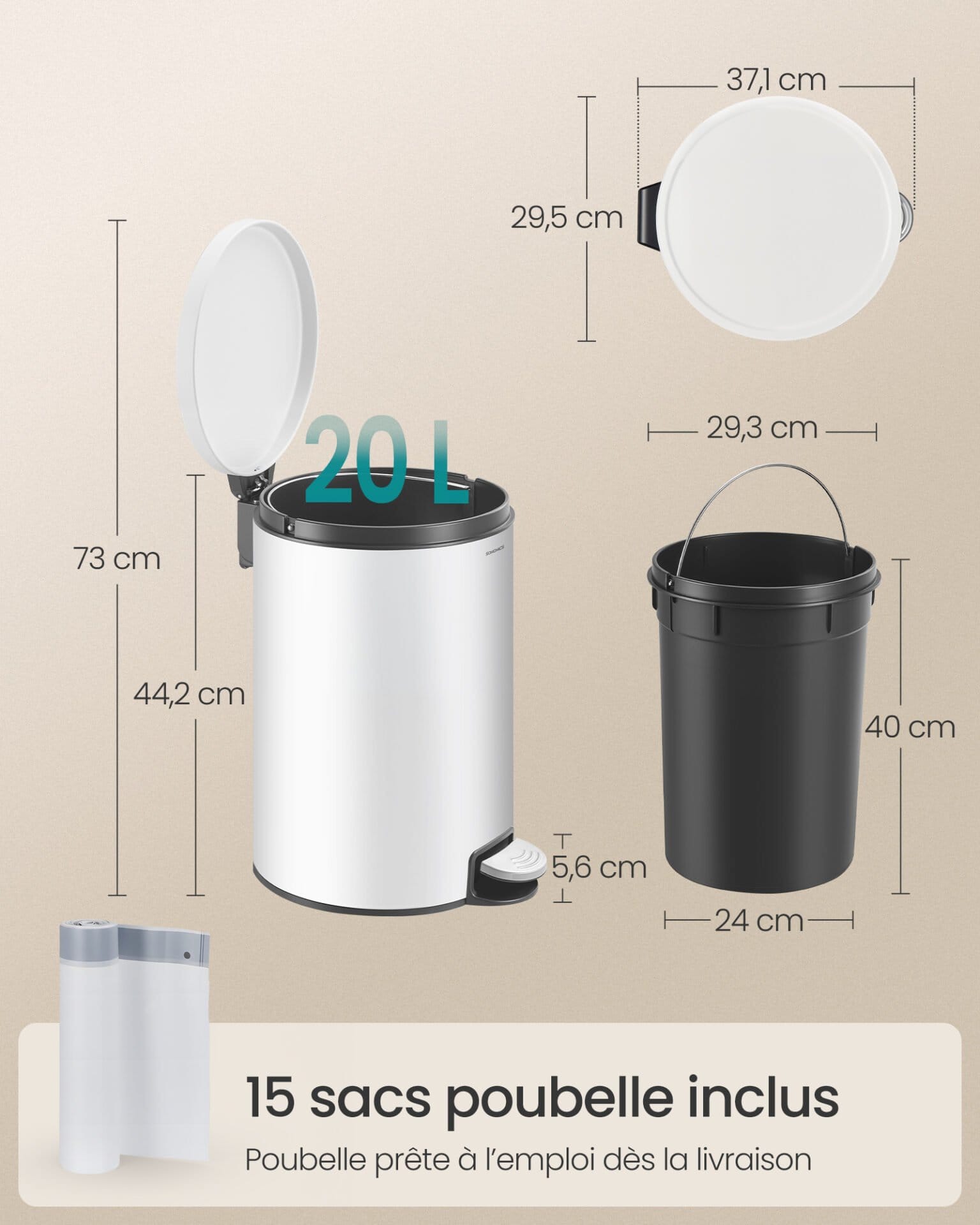 SONGMICS LTB021WZ01 Round Trash Can with 15 Bags, Metal Pedal, Removable Plastic Inner Bucket, Handle, Cushioned Closure, Steel, 20 L, Cloud White 6 SONGMICS LTB021WZ01 Round Trash Can with 15 Bags, Metal Pedal, Removable Plastic Inner Bucket, Handle, Cushioned Closure, Steel, 20 L, Cloud White - Billede 6