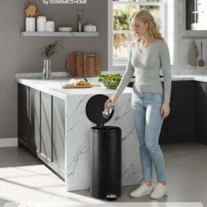 SONGMICS 30L Round Trash Can with 15 Trash Bags, Metal Pedal, Removable Plastic Bucket, Handle, Soft-Close Lid, Steel, Ink Black LTB031BZ02