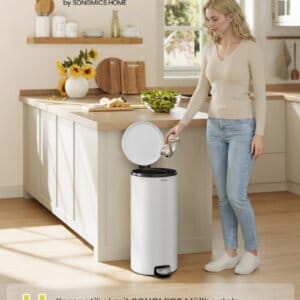 SONGMICS 30L Round Trash Can with 15 Trash Bags, Metal Pedal, Removable Plastic Bucket, Handle, Soft-Close Lid, Steel, Cloud White LTB031WZ02