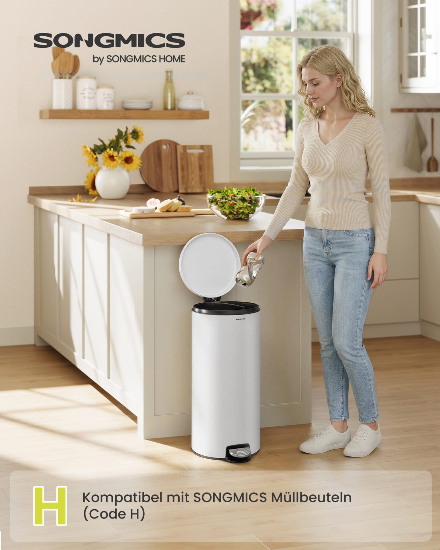 SONGMICS 30L Round Trash Can with 15 Trash Bags, Metal Pedal, Removable Plastic Bucket, Handle, Soft-Close Lid, Steel, Cloud White LTB031WZ02 1 SONGMICS 30L Round Trash Can with 15 Trash Bags, Metal Pedal, Removable Plastic Bucket, Handle, Soft-Close Lid, Steel, Cloud White LTB031WZ02