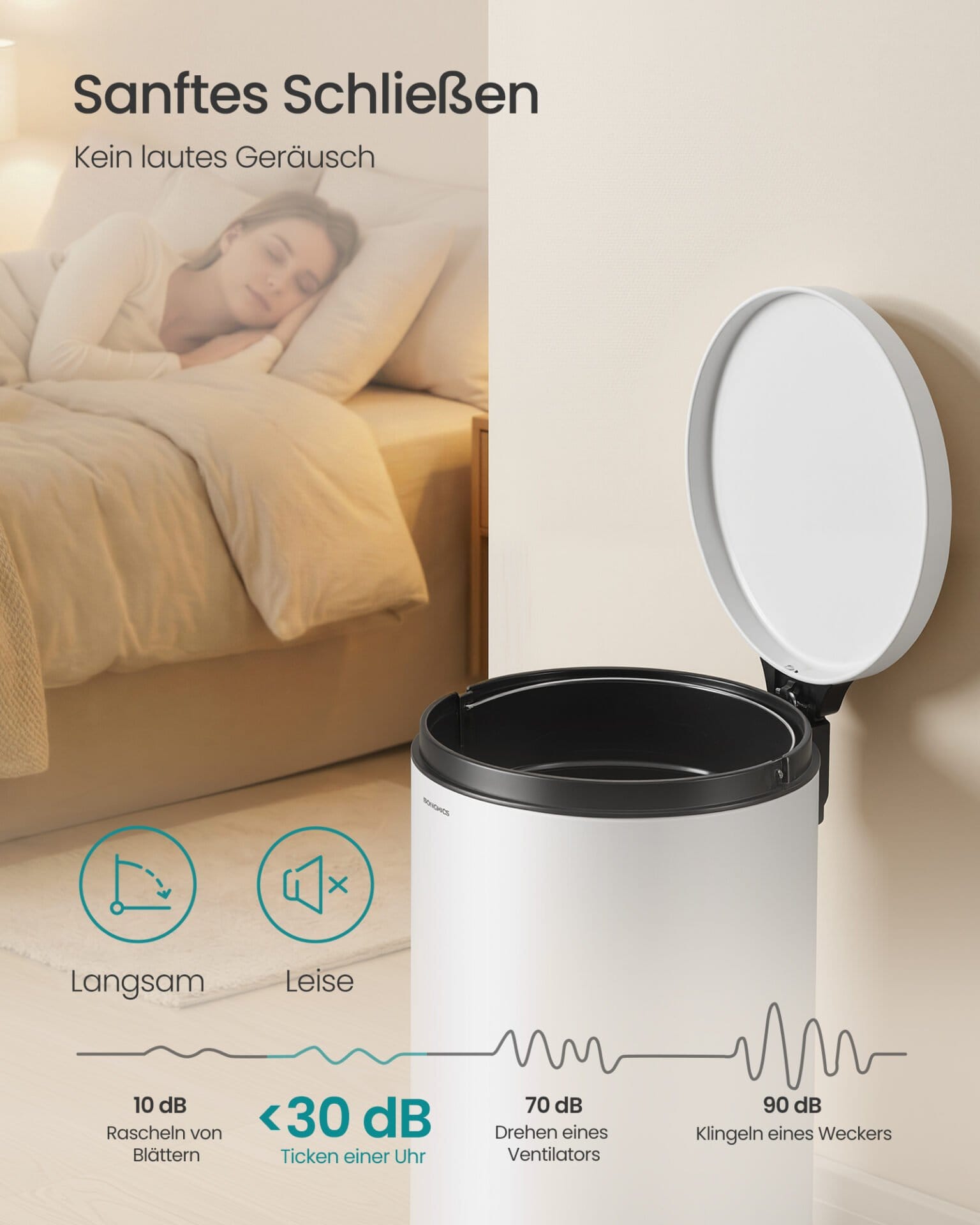 SONGMICS 30L Round Trash Can with 15 Trash Bags, Metal Pedal, Removable Plastic Bucket, Handle, Soft-Close Lid, Steel, Cloud White LTB031WZ02 5 SONGMICS 30L Round Trash Can with 15 Trash Bags, Metal Pedal, Removable Plastic Bucket, Handle, Soft-Close Lid, Steel, Cloud White LTB031WZ02 - Billede 5