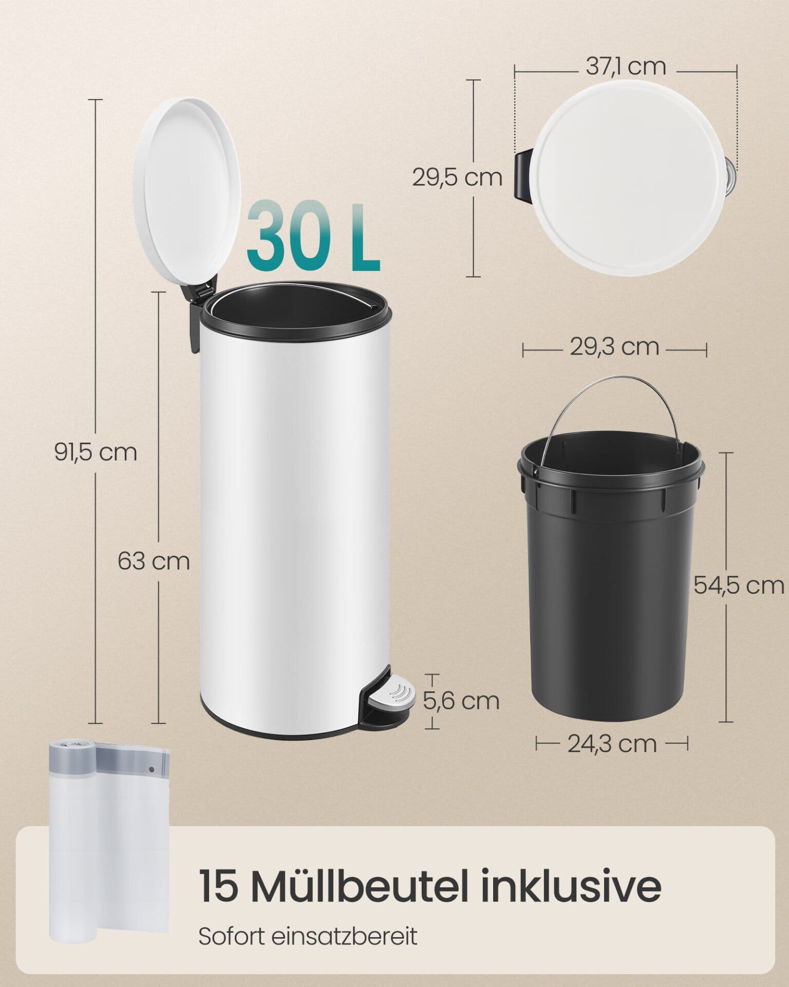SONGMICS 30L Round Trash Can with 15 Trash Bags, Metal Pedal, Removable Plastic Bucket, Handle, Soft-Close Lid, Steel, Cloud White LTB031WZ02 6 SONGMICS 30L Round Trash Can with 15 Trash Bags, Metal Pedal, Removable Plastic Bucket, Handle, Soft-Close Lid, Steel, Cloud White LTB031WZ02 - Billede 6