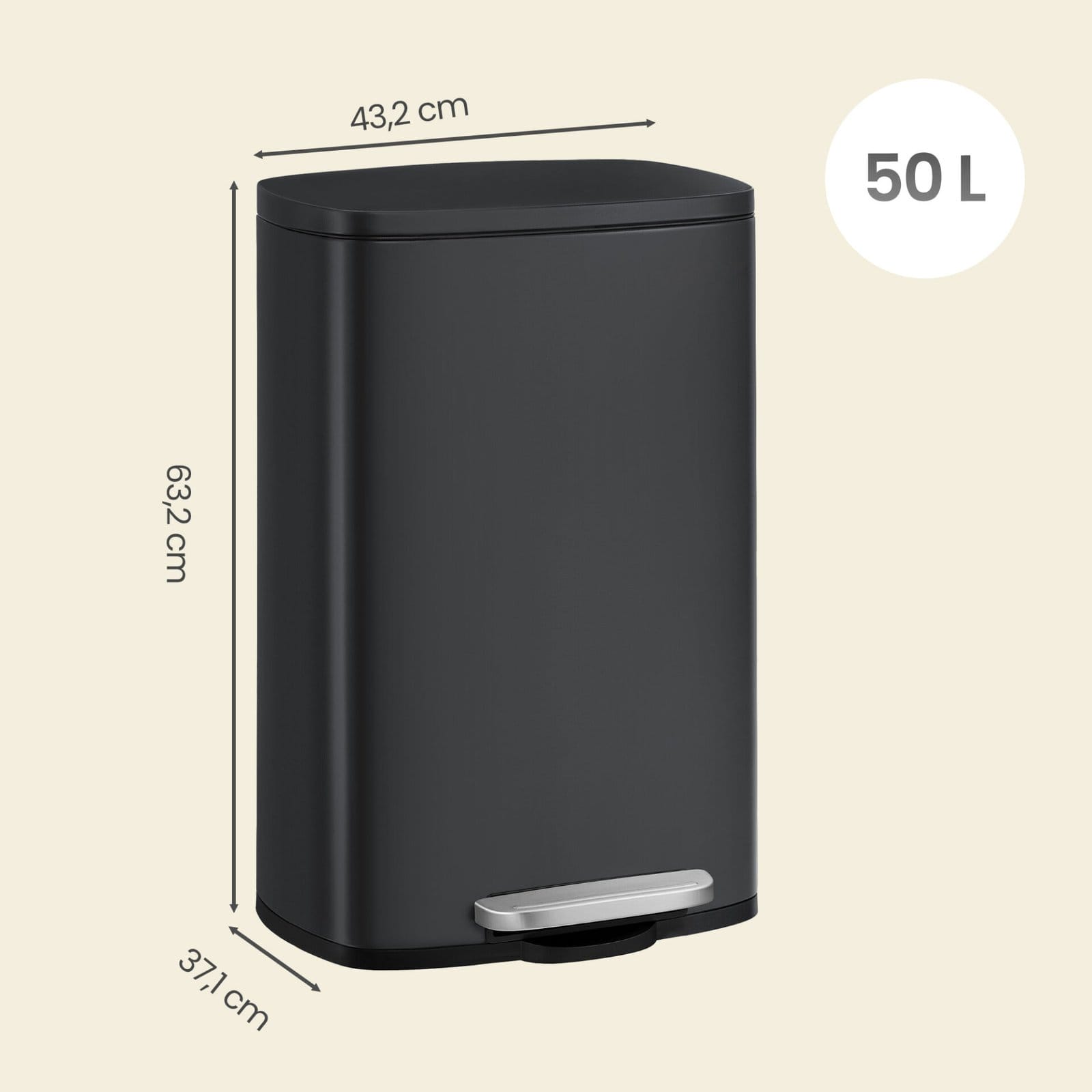 50 liters køkkenaffaldsspand med blød lukning, pedalbeholder i stål, sort 3 50 liters køkkenaffaldsspand med blød lukning, pedalbeholder i stål, sort - Billede 3