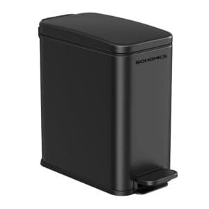 SONGMICS Bathroom Trash Can, 1.3 Gallon Small Trash Bin with Lid, Slim for Small Spaces, Stainless Steel Garbage Can, Soft Close, Black ULTB560B05