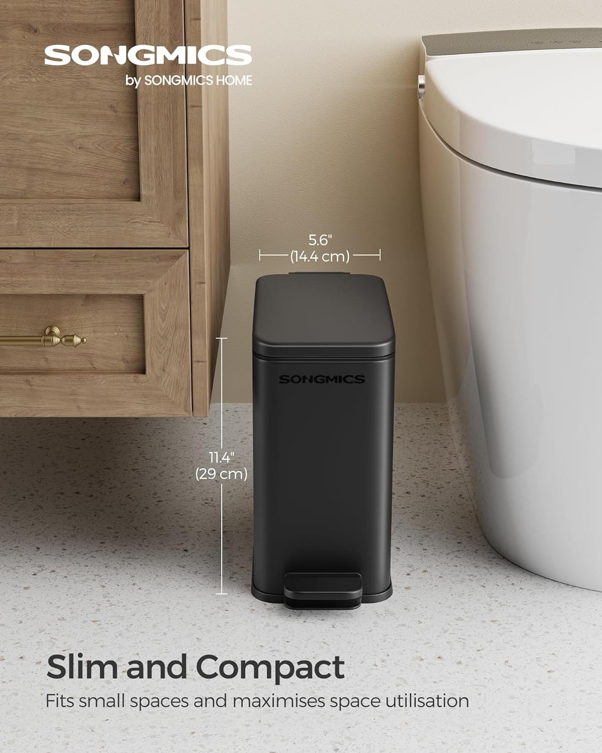 SONGMICS Bathroom Trash Can, 1.3 Gallon Small Trash Bin with Lid, Slim for Small Spaces, Stainless Steel Garbage Can, Soft Close, Black ULTB560B05 2 SONGMICS Bathroom Trash Can, 1.3 Gallon Small Trash Bin with Lid, Slim for Small Spaces, Stainless Steel Garbage Can, Soft Close, Black ULTB560B05 - Billede 2