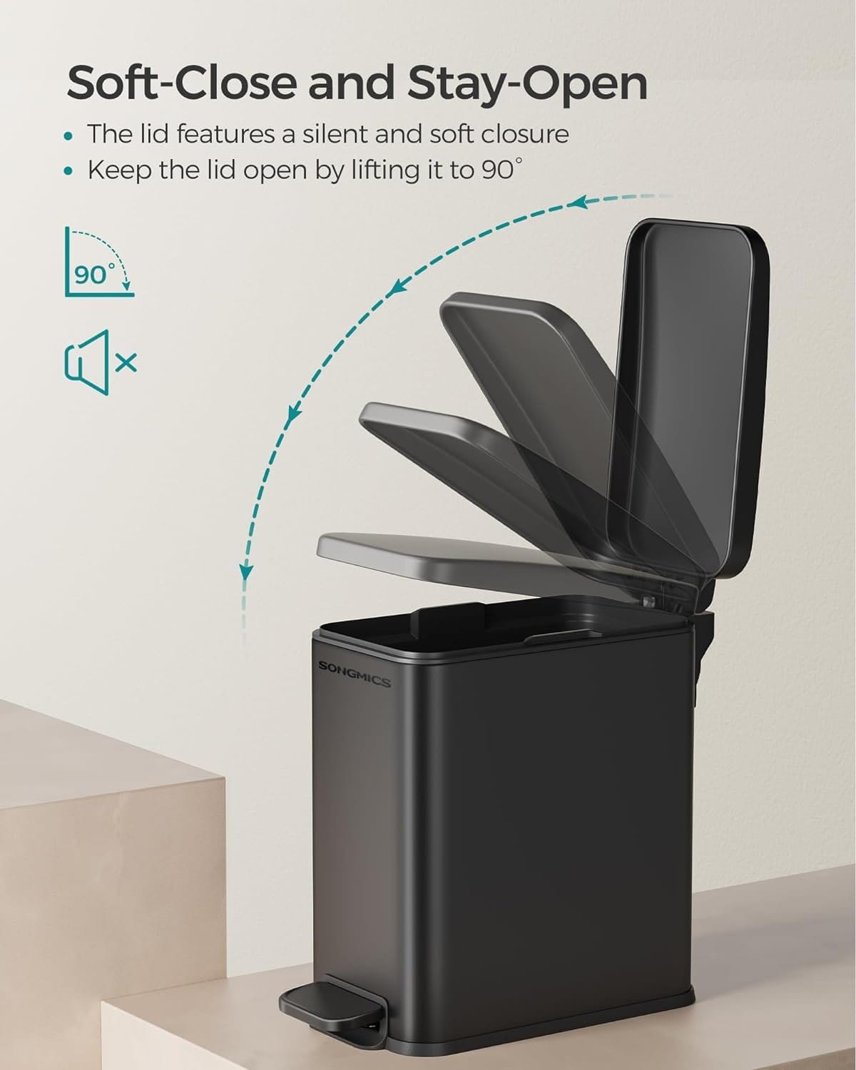 SONGMICS Bathroom Trash Can, 1.3 Gallon Small Trash Bin with Lid, Slim for Small Spaces, Stainless Steel Garbage Can, Soft Close, Black ULTB560B05 5 SONGMICS Bathroom Trash Can, 1.3 Gallon Small Trash Bin with Lid, Slim for Small Spaces, Stainless Steel Garbage Can, Soft Close, Black ULTB560B05 - Billede 5
