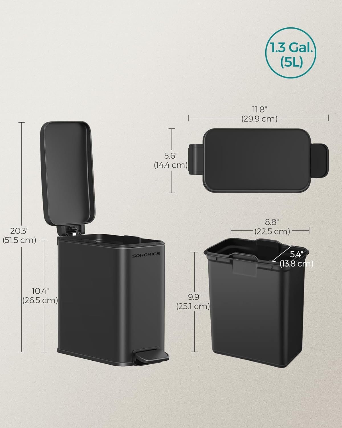SONGMICS Bathroom Trash Can, 1.3 Gallon Small Trash Bin with Lid, Slim for Small Spaces, Stainless Steel Garbage Can, Soft Close, Black ULTB560B05 7 SONGMICS Bathroom Trash Can, 1.3 Gallon Small Trash Bin with Lid, Slim for Small Spaces, Stainless Steel Garbage Can, Soft Close, Black ULTB560B05 - Billede 7