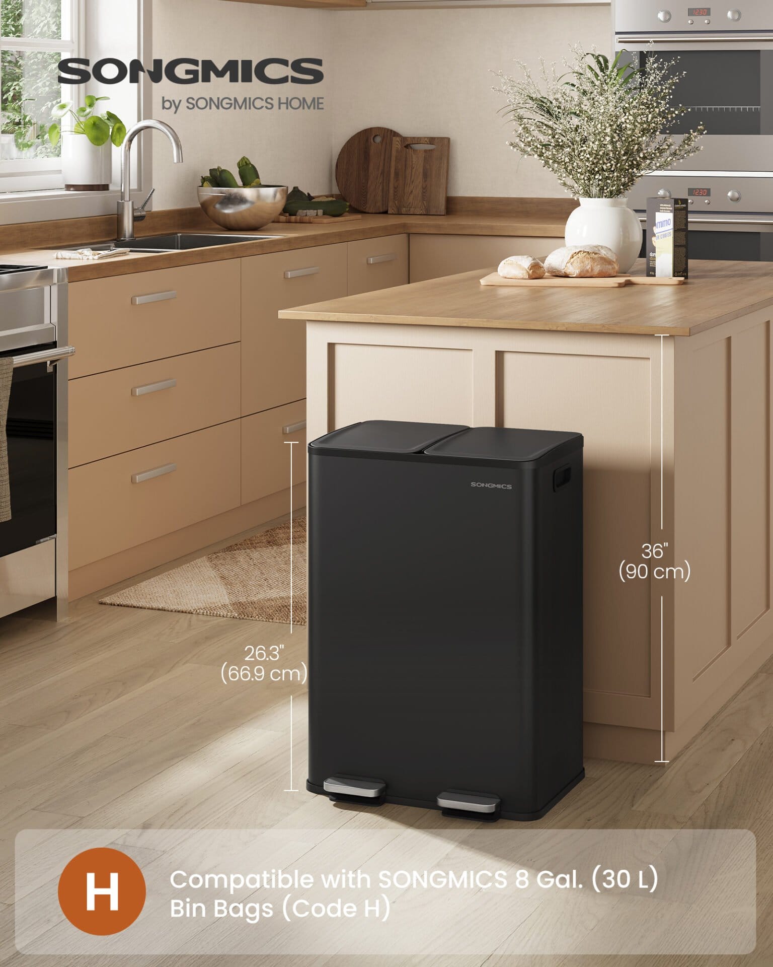Køkkenspand, 2 x 8 gallon (2 x 30 l), pedalaffaldsspand med blødt lukkende låg, stål, blæksort 2 Køkkenspand, 2 x 8 gallon (2 x 30 l), pedalaffaldsspand med blødt lukkende låg, stål, blæksort - Billede 2