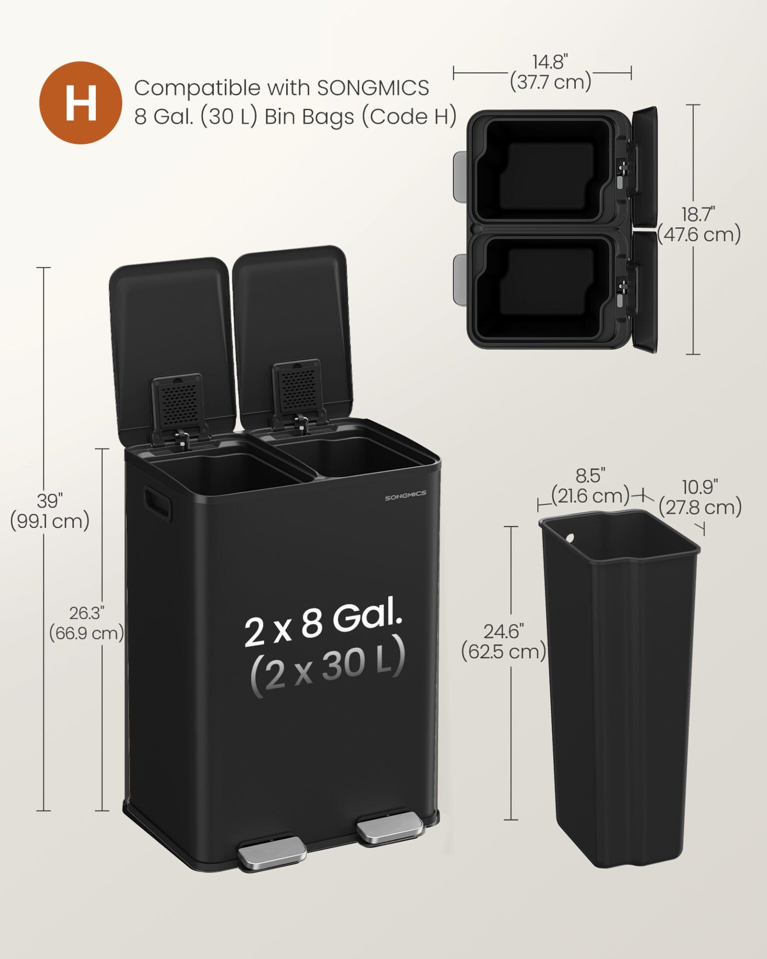 Køkkenspand, 2 x 8 gallon (2 x 30 l), pedalaffaldsspand med blødt lukkende låg, stål, blæksort 6 Køkkenspand, 2 x 8 gallon (2 x 30 l), pedalaffaldsspand med blødt lukkende låg, stål, blæksort - Billede 6