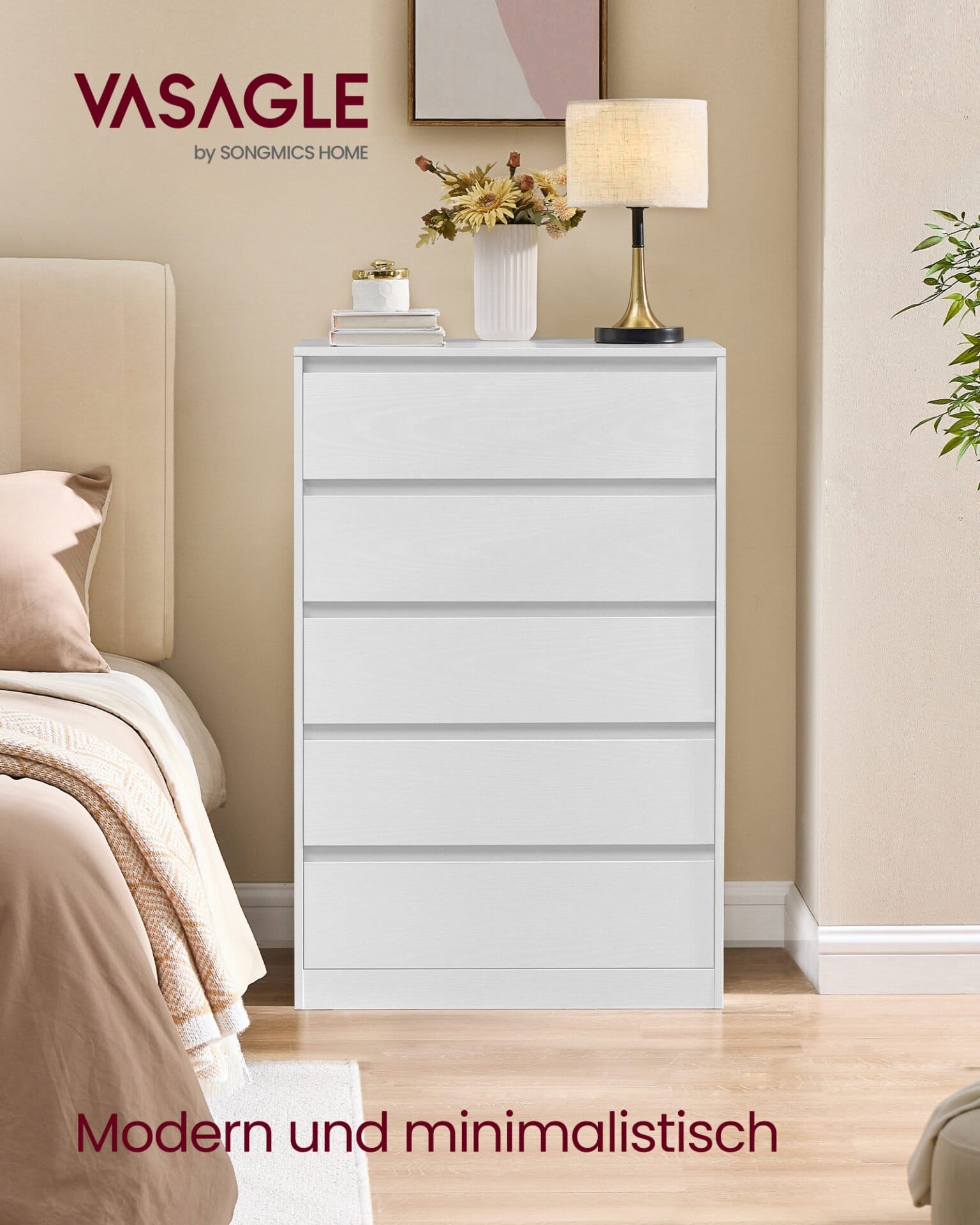 VASAGLE KAILYN Collection - Chest of Drawers for Bedroom, Storage Organiser Unit with 5 Drawers, 40 x 60 x 97.4 cm, Modern Style, Snow White LTS605WE01 1 VASAGLE KAILYN Collection - Chest of Drawers for Bedroom, Storage Organiser Unit with 5 Drawers, 40 x 60 x 97.4 cm, Modern Style, Snow White LTS605WE01