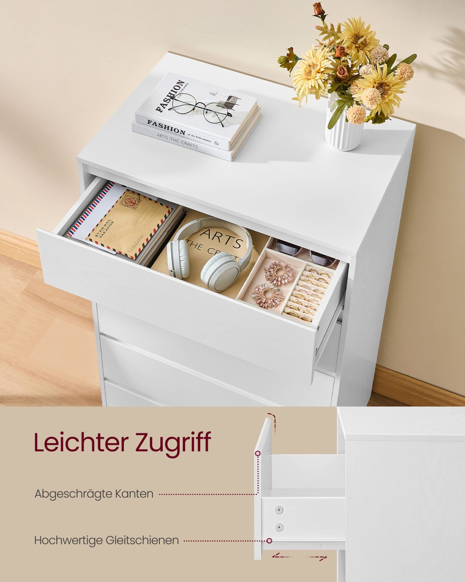 VASAGLE KAILYN Collection - Chest of Drawers for Bedroom, Storage Organiser Unit with 5 Drawers, 40 x 60 x 97.4 cm, Modern Style, Snow White LTS605WE01 2 VASAGLE KAILYN Collection - Chest of Drawers for Bedroom, Storage Organiser Unit with 5 Drawers, 40 x 60 x 97.4 cm, Modern Style, Snow White LTS605WE01 - Billede 2