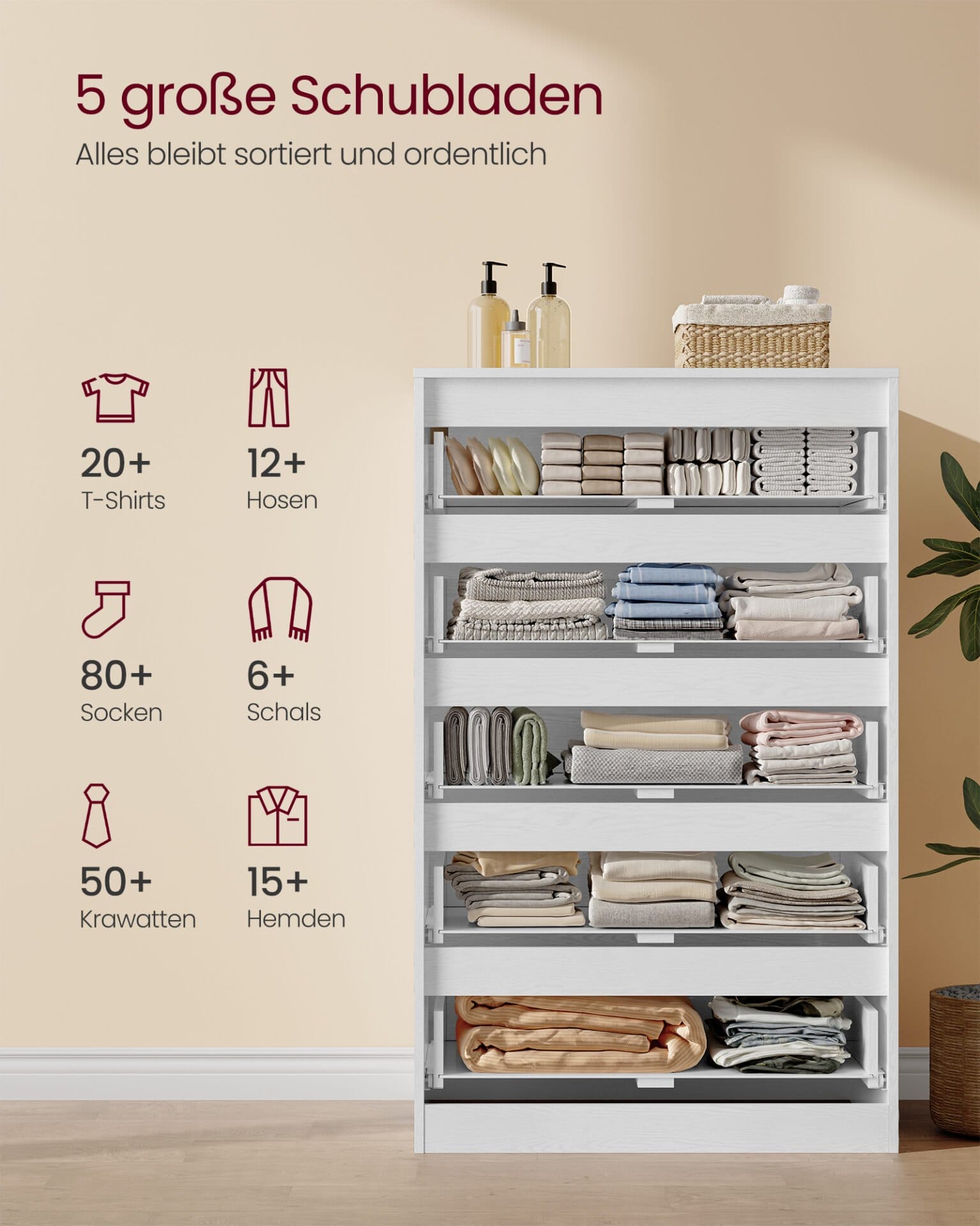 VASAGLE KAILYN Collection - Chest of Drawers for Bedroom, Storage Organiser Unit with 5 Drawers, 40 x 60 x 97.4 cm, Modern Style, Snow White LTS605WE01 3 VASAGLE KAILYN Collection - Chest of Drawers for Bedroom, Storage Organiser Unit with 5 Drawers, 40 x 60 x 97.4 cm, Modern Style, Snow White LTS605WE01 - Billede 3