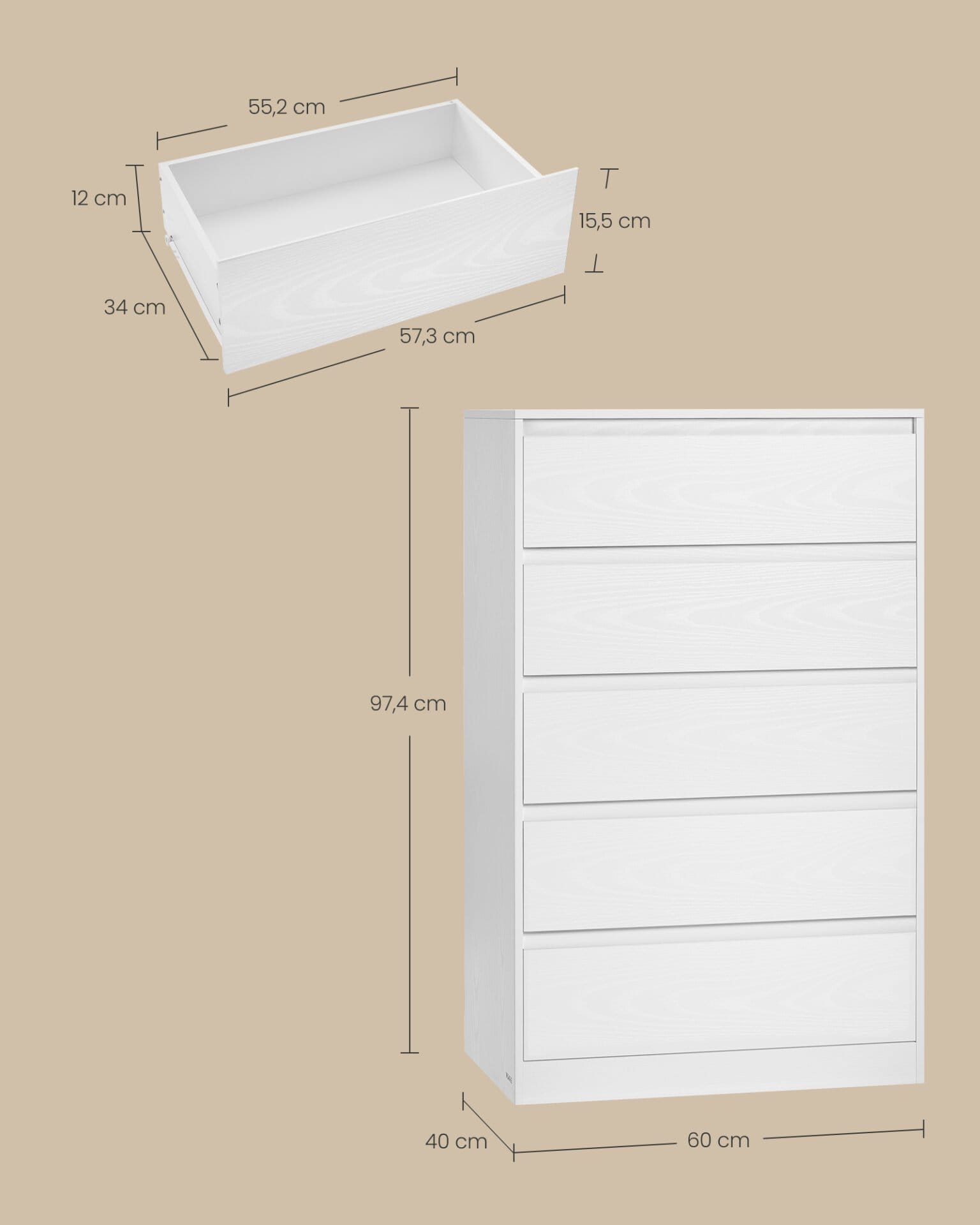VASAGLE KAILYN Collection - Chest of Drawers for Bedroom, Storage Organiser Unit with 5 Drawers, 40 x 60 x 97.4 cm, Modern Style, Snow White LTS605WE01 4 VASAGLE KAILYN Collection - Chest of Drawers for Bedroom, Storage Organiser Unit with 5 Drawers, 40 x 60 x 97.4 cm, Modern Style, Snow White LTS605WE01 - Billede 4