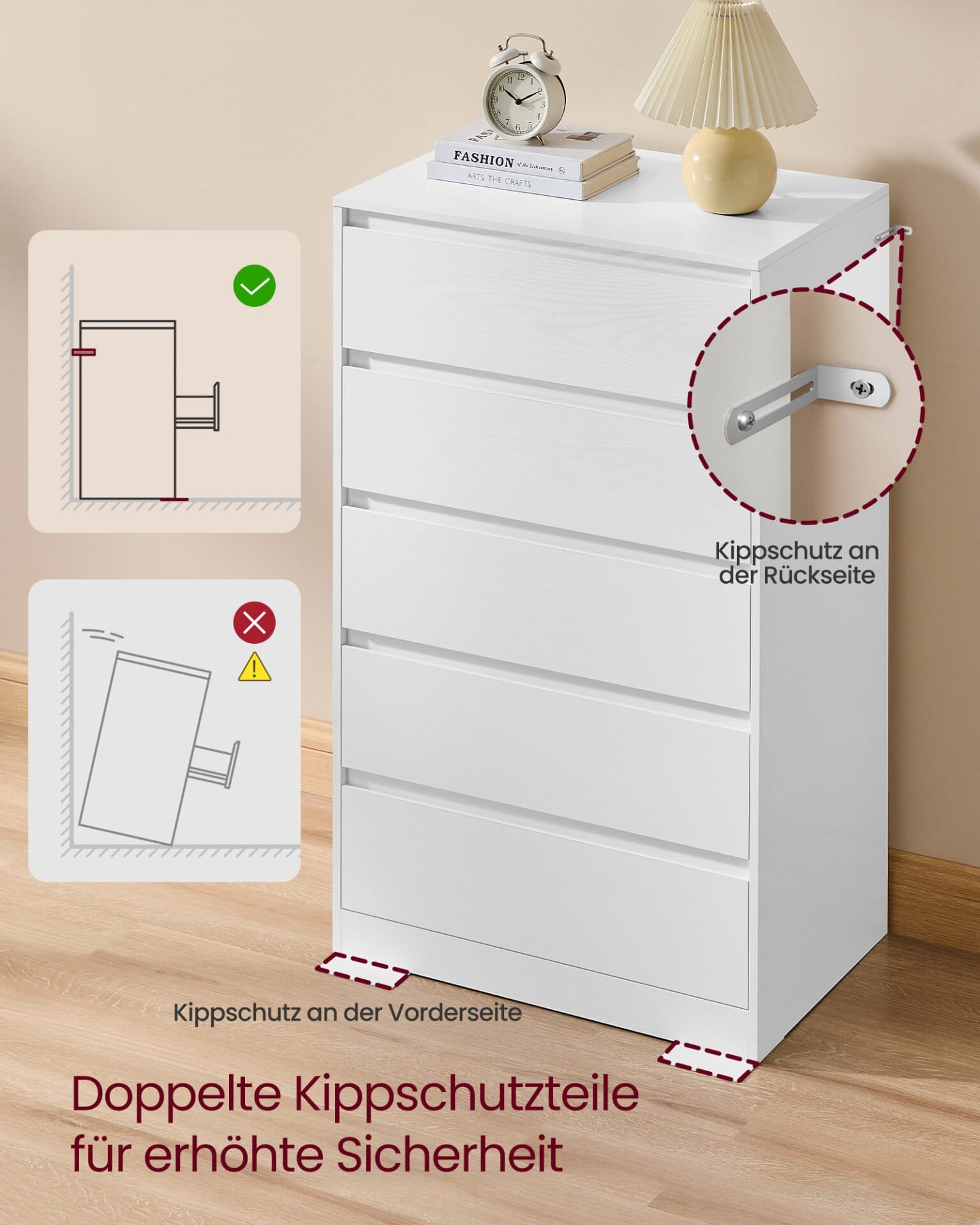 VASAGLE KAILYN Collection - Chest of Drawers for Bedroom, Storage Organiser Unit with 5 Drawers, 40 x 60 x 97.4 cm, Modern Style, Snow White LTS605WE01 5 VASAGLE KAILYN Collection - Chest of Drawers for Bedroom, Storage Organiser Unit with 5 Drawers, 40 x 60 x 97.4 cm, Modern Style, Snow White LTS605WE01 - Billede 5