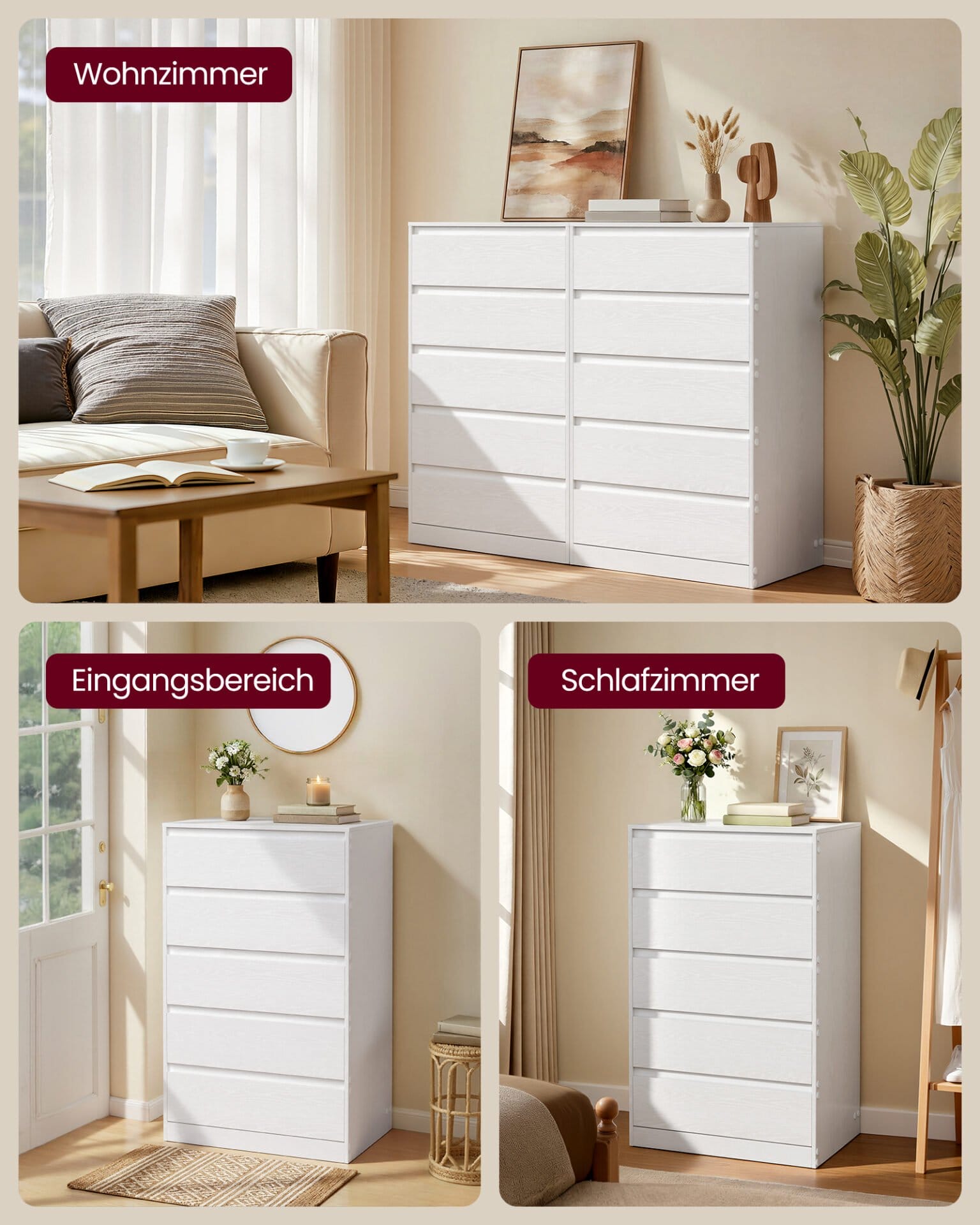 VASAGLE KAILYN Collection - Chest of Drawers for Bedroom, Storage Organiser Unit with 5 Drawers, 40 x 60 x 97.4 cm, Modern Style, Snow White LTS605WE01 6 VASAGLE KAILYN Collection - Chest of Drawers for Bedroom, Storage Organiser Unit with 5 Drawers, 40 x 60 x 97.4 cm, Modern Style, Snow White LTS605WE01 - Billede 6