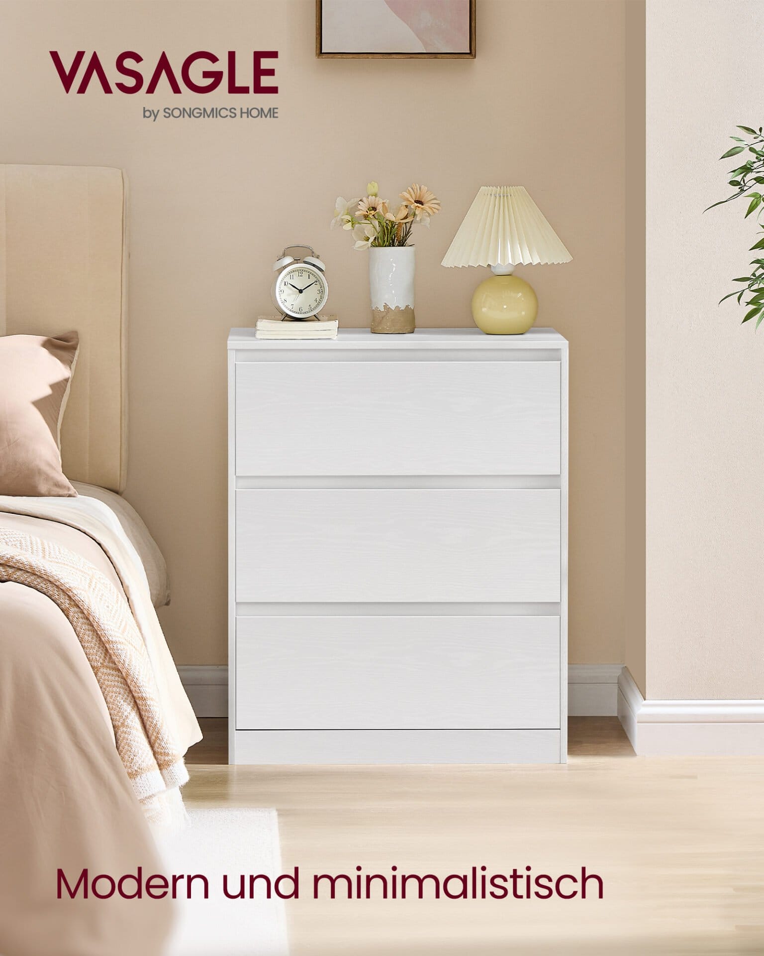 VASAGLE KAILYN Collection - Chest of Drawers for Bedroom, Storage Organiser Unit with 3 Drawers, 40 x 60 x 75 cm, Modern Style, Snow White LTS613WE01 1 VASAGLE KAILYN Collection - Chest of Drawers for Bedroom, Storage Organiser Unit with 3 Drawers, 40 x 60 x 75 cm, Modern Style, Snow White LTS613WE01
