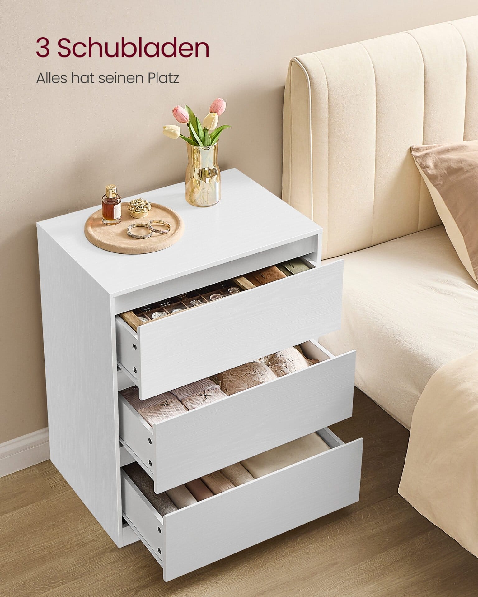 VASAGLE KAILYN Collection - Chest of Drawers for Bedroom, Storage Organiser Unit with 3 Drawers, 40 x 60 x 75 cm, Modern Style, Snow White LTS613WE01 2 VASAGLE KAILYN Collection - Chest of Drawers for Bedroom, Storage Organiser Unit with 3 Drawers, 40 x 60 x 75 cm, Modern Style, Snow White LTS613WE01 - Billede 2